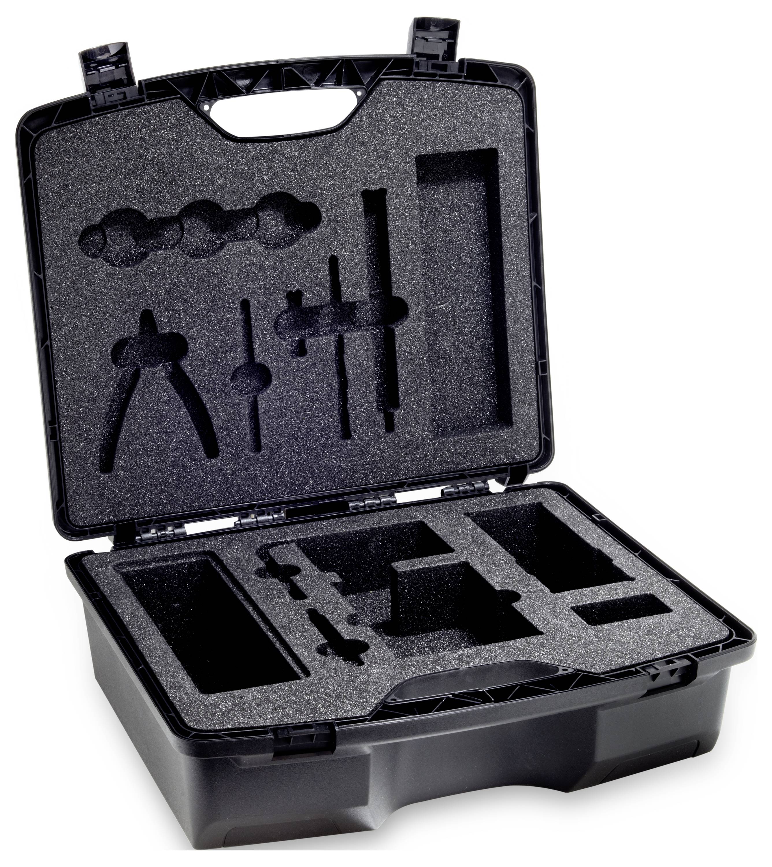 Offener schwarzer Hartschalenkoffer mit Schaumstoffaussparungen für Präzisionswerkzeuge und Zubehör, leer auf weißem Hintergrund dargestellt.