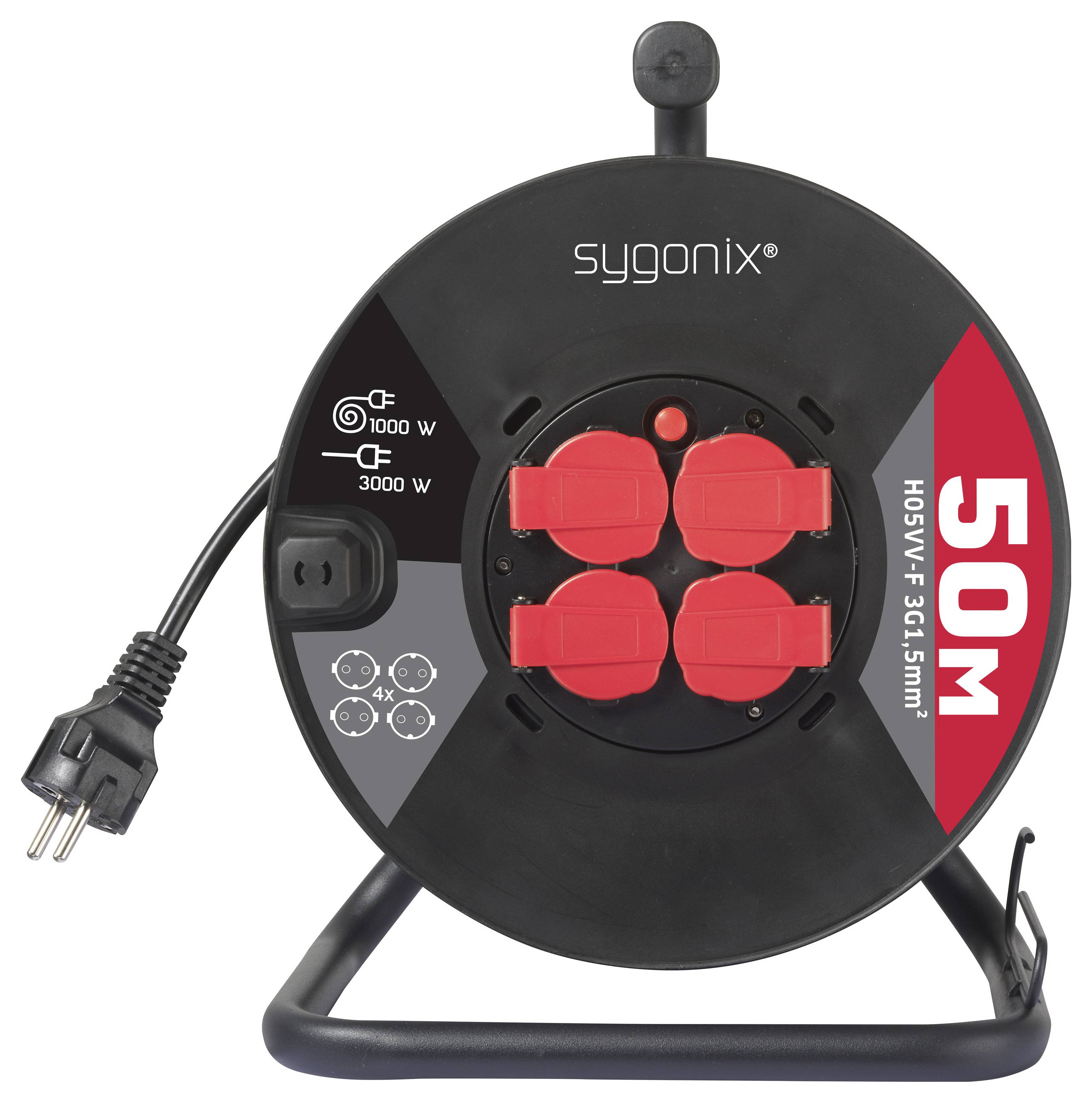Schwarze Sygonix-Kabelrolle mit vier roten Steckdosen, Stromstecker und Etikett mit 50-m-Kabellänge, auf einem Ständer montiert.