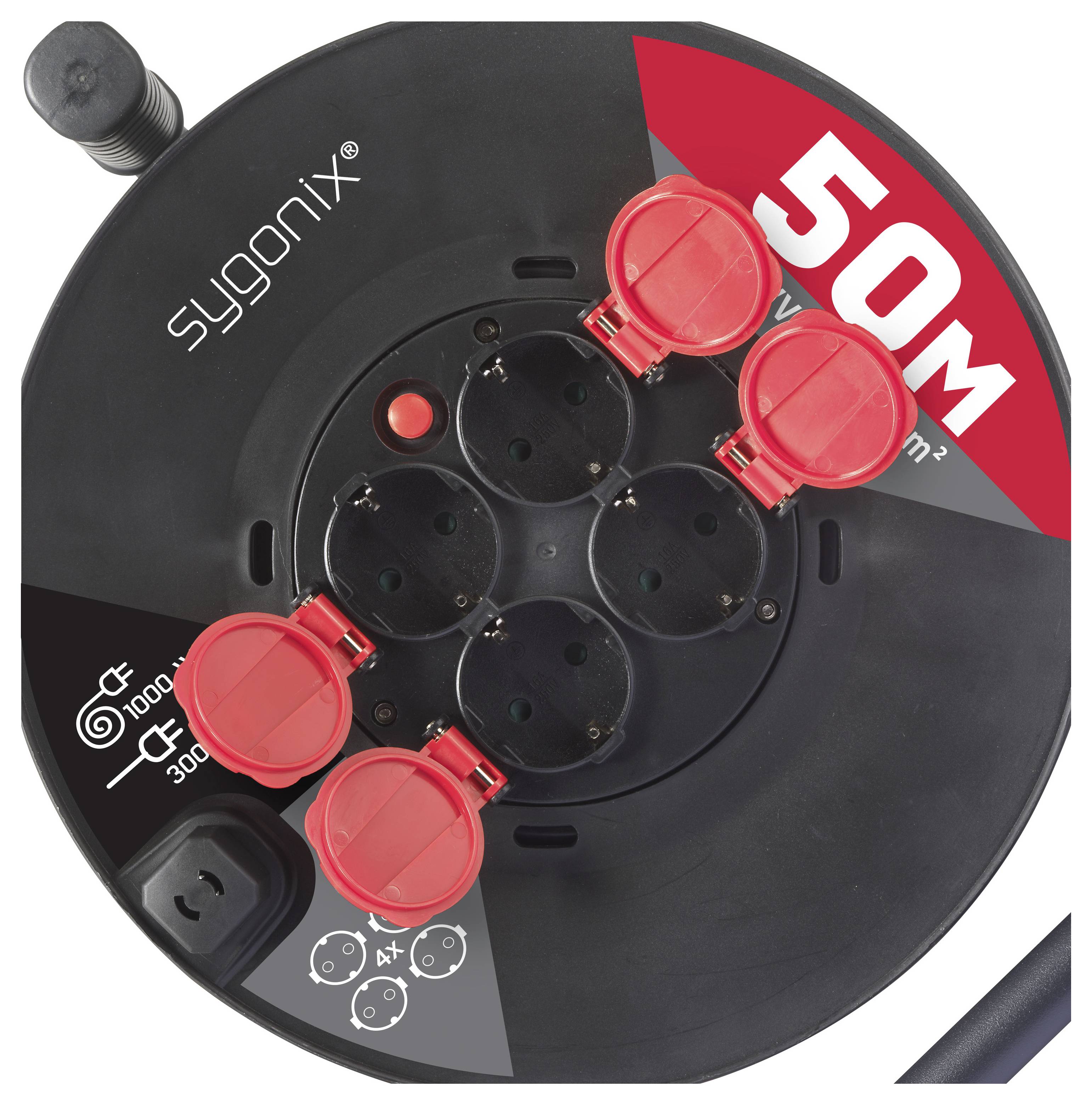 Schwarze Sygonix 50 m Kabelrolle mit fünf roten Steckdosen, Stromanzeige und Griff.