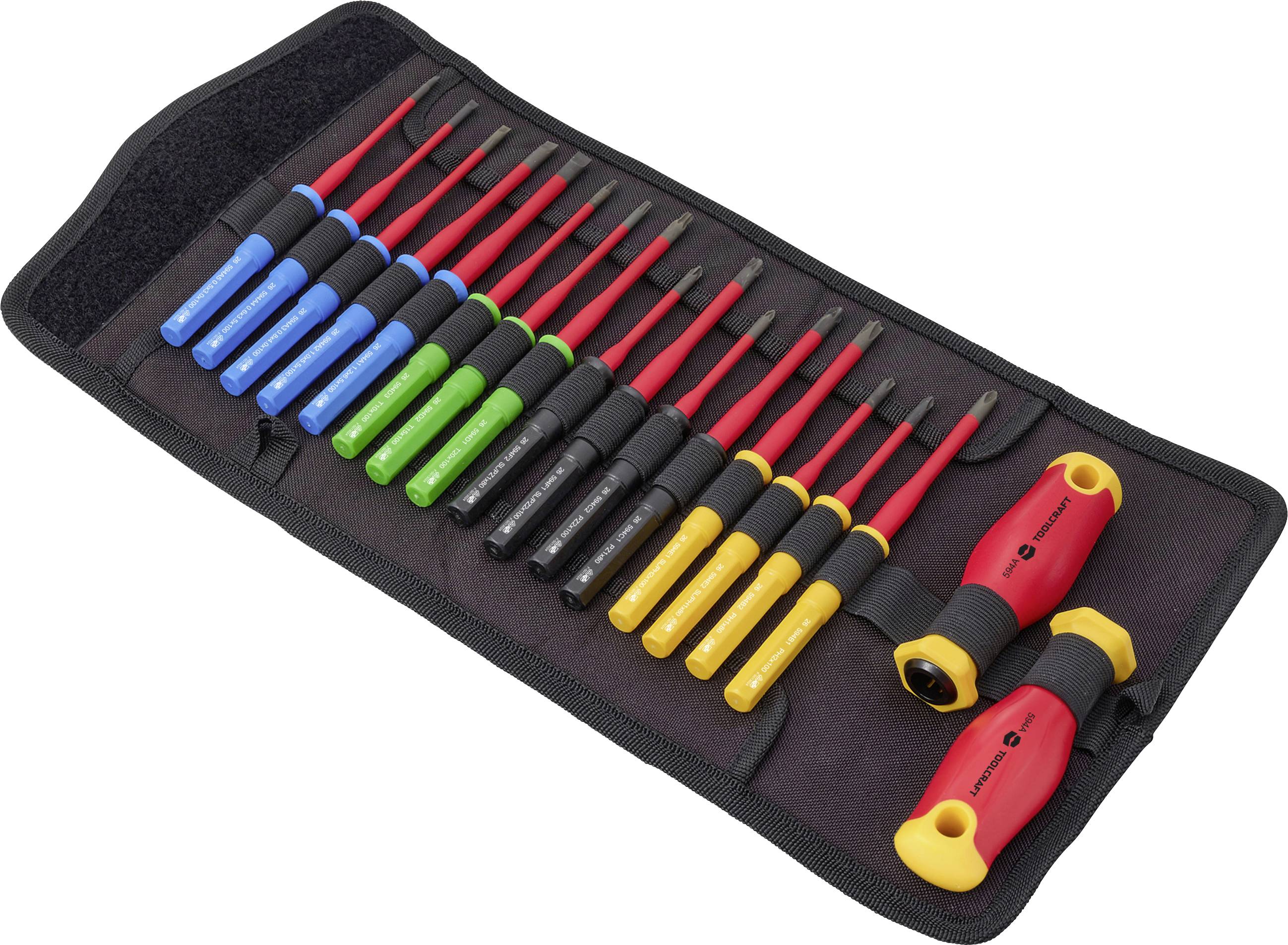 Sortierte isolierte Präzisionsschraubendreher in einer Rolltasche, mit blauen, grünen, schwarzen und gelben Griffen sowie zwei größeren rot-gelben Schraubendrehern.