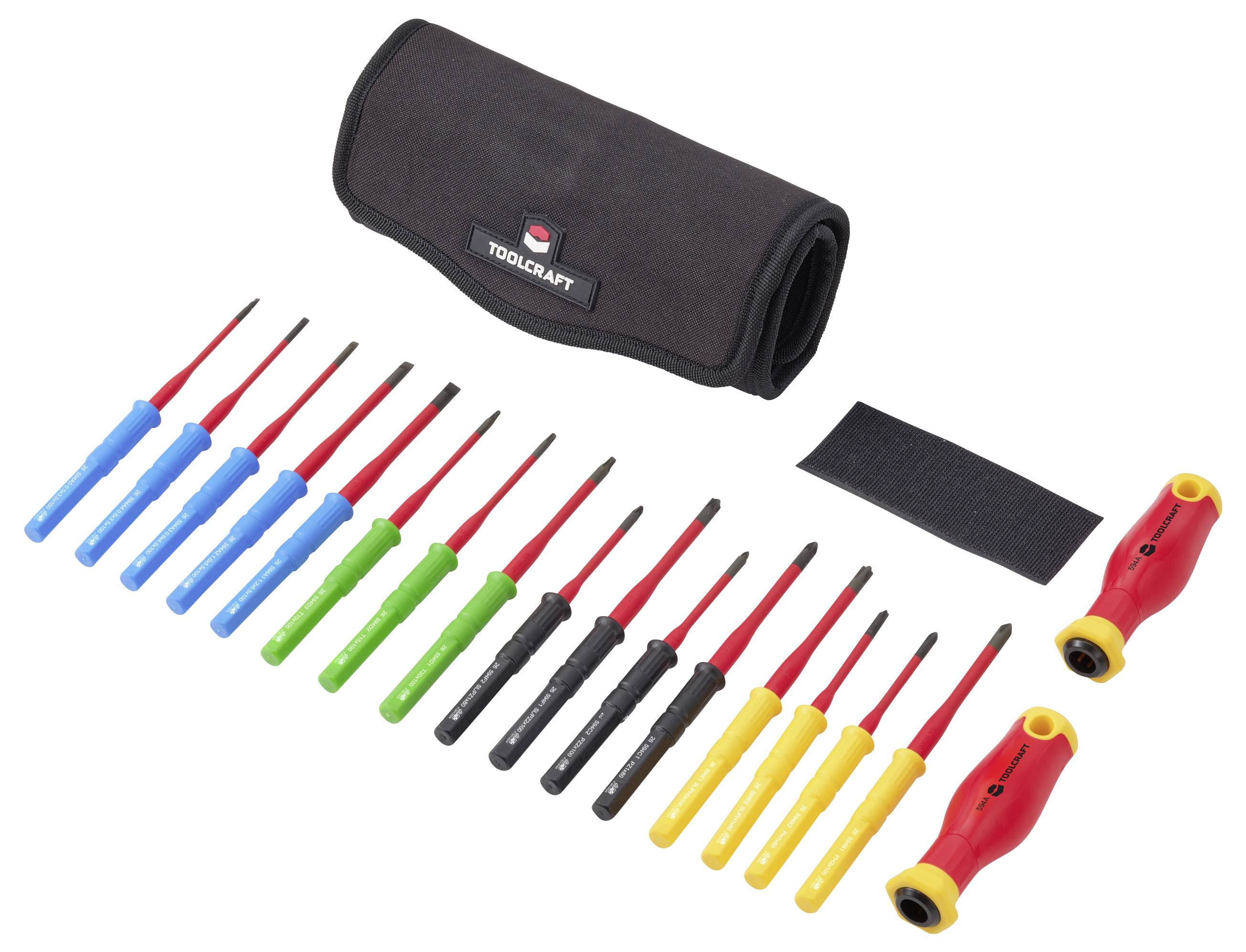 Set von isolierten Schraubendrehern in einer Toolcraft Rolltasche, mit 18 Schraubendrehern mit roten Schäften, einem schwarzen Streifen und zwei Werkzeugen mit rot-gelben Griffen.