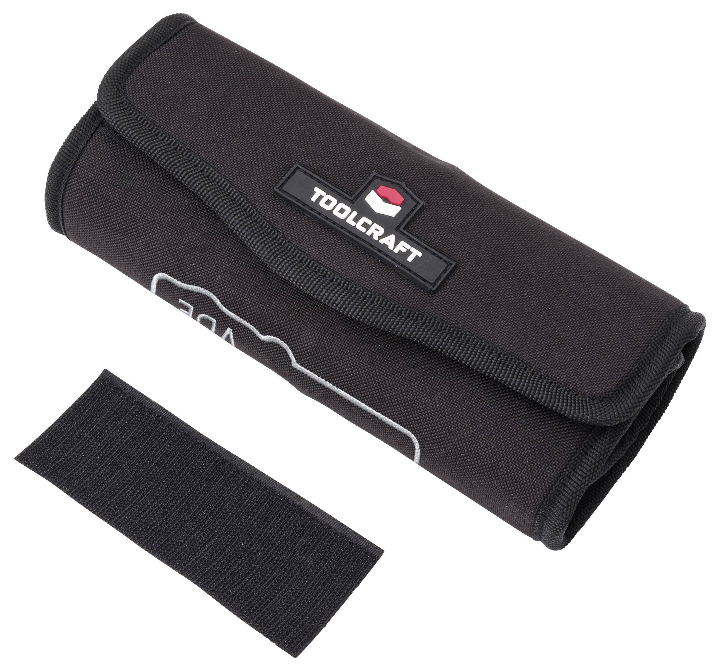Schwarzes Toolcraft Werkzeugtasche zum Aufrollen mit Klappenverriegelung, dargestellt mit separatem schwarzem Klettverschlussband auf weißem Hintergrund.