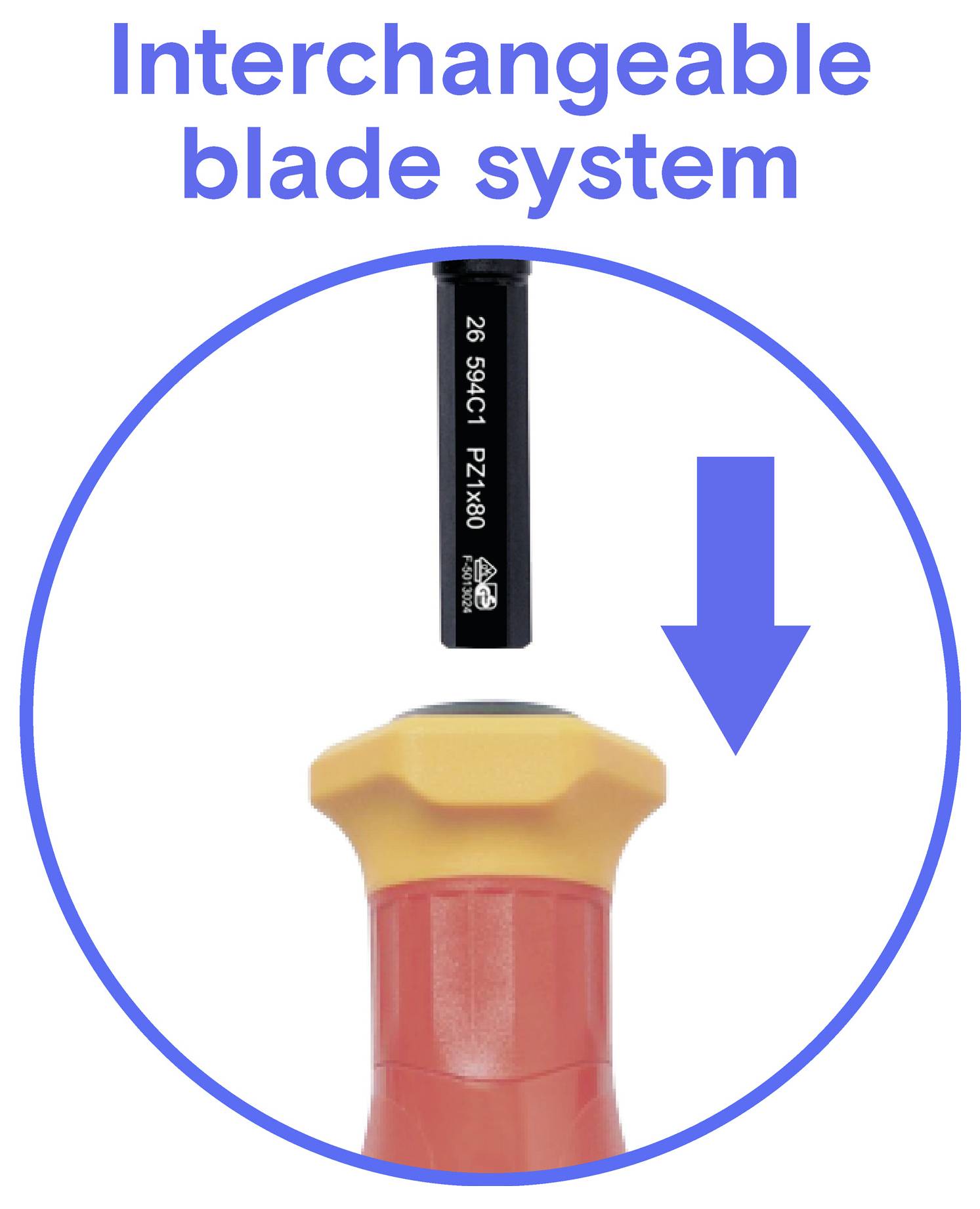 Illustration eines austauschbaren Klingensystems mit einer in einen rot-orangefarbenen Griff eingesetzten Klinge, dargestellt mit einem Pfeil nach unten, der den Austausch anzeigt.