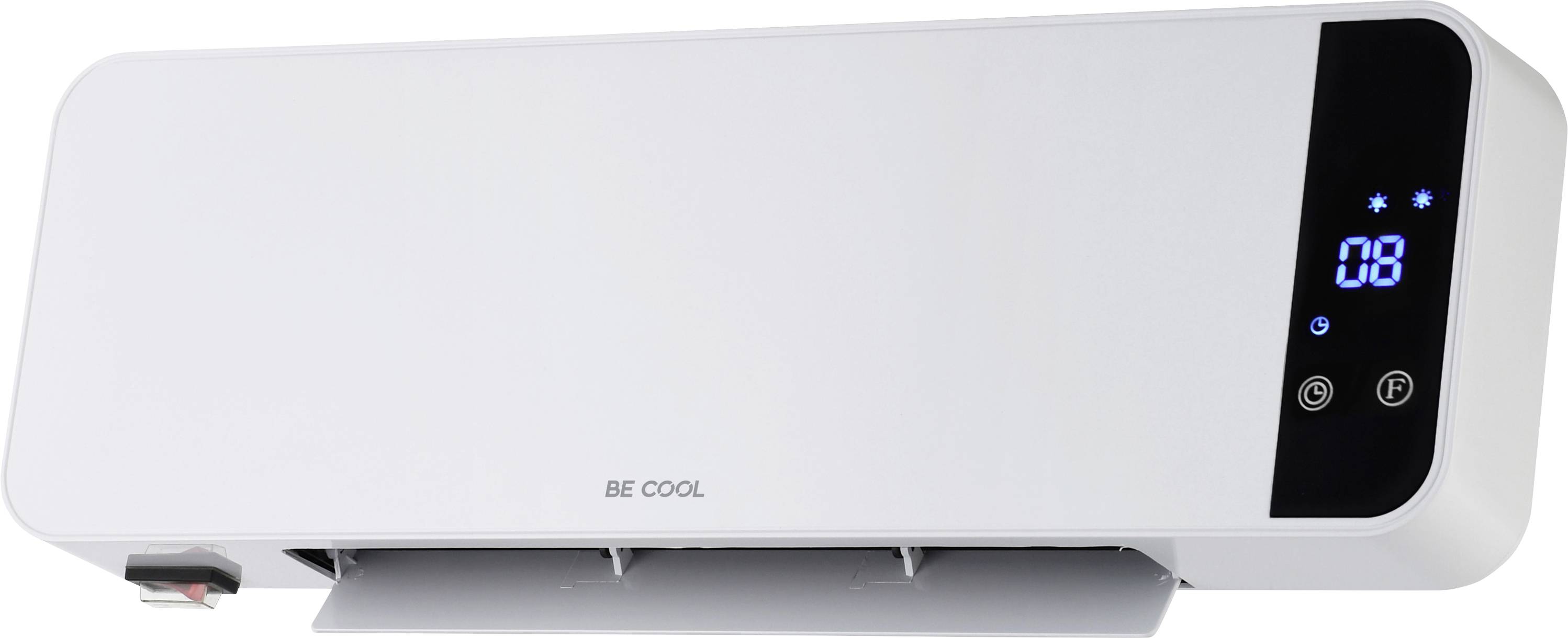 Weiße wandmontierte BE COOL Klimaanlage mit digitaler Anzeige, die 08 anzeigt, und Bedienungstasten auf der rechten Seite.