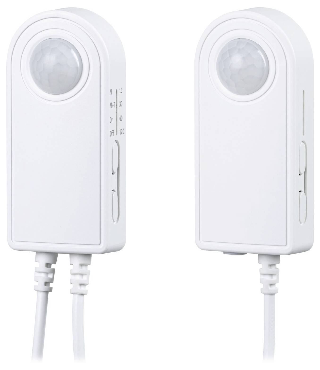 Zwei weiße Steckdosen-Bewegungsmelderschalter mit kreisförmigen Sensorfenstern und seitlichen Einstellreglern, dargestellt in Vorder- und Seitenansichten mit angeschlossenen Kabeln.
