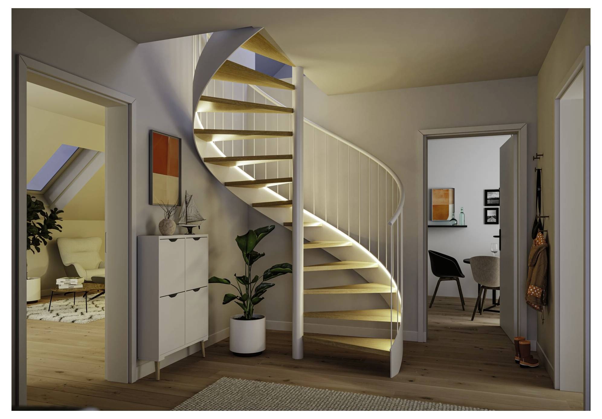 Modernes Interieur mit einer geschwungenen beleuchteten Wendeltreppe in der Mitte, flankiert von offenen Türöffnungen zu einem Wohnzimmer und einem Essbereich.