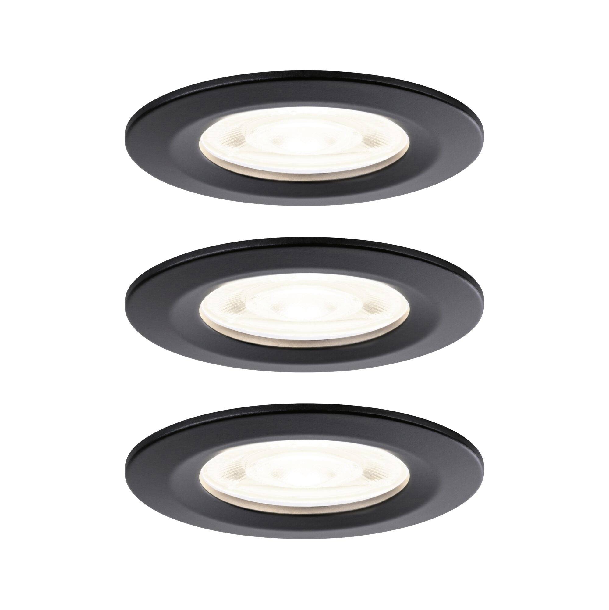 Drei schwarze eingebaute Deckenleuchten mit weiß leuchtenden Zentren auf weißem Hintergrund.