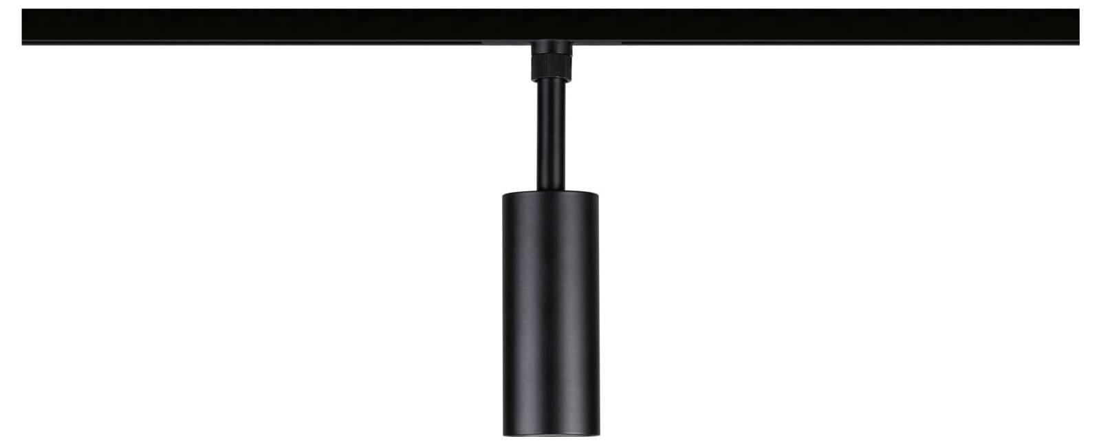 Schwarze zylindrische Pendelleuchte, die von einer Deckenleiste an einem weißen Hintergrund aufgehängt ist