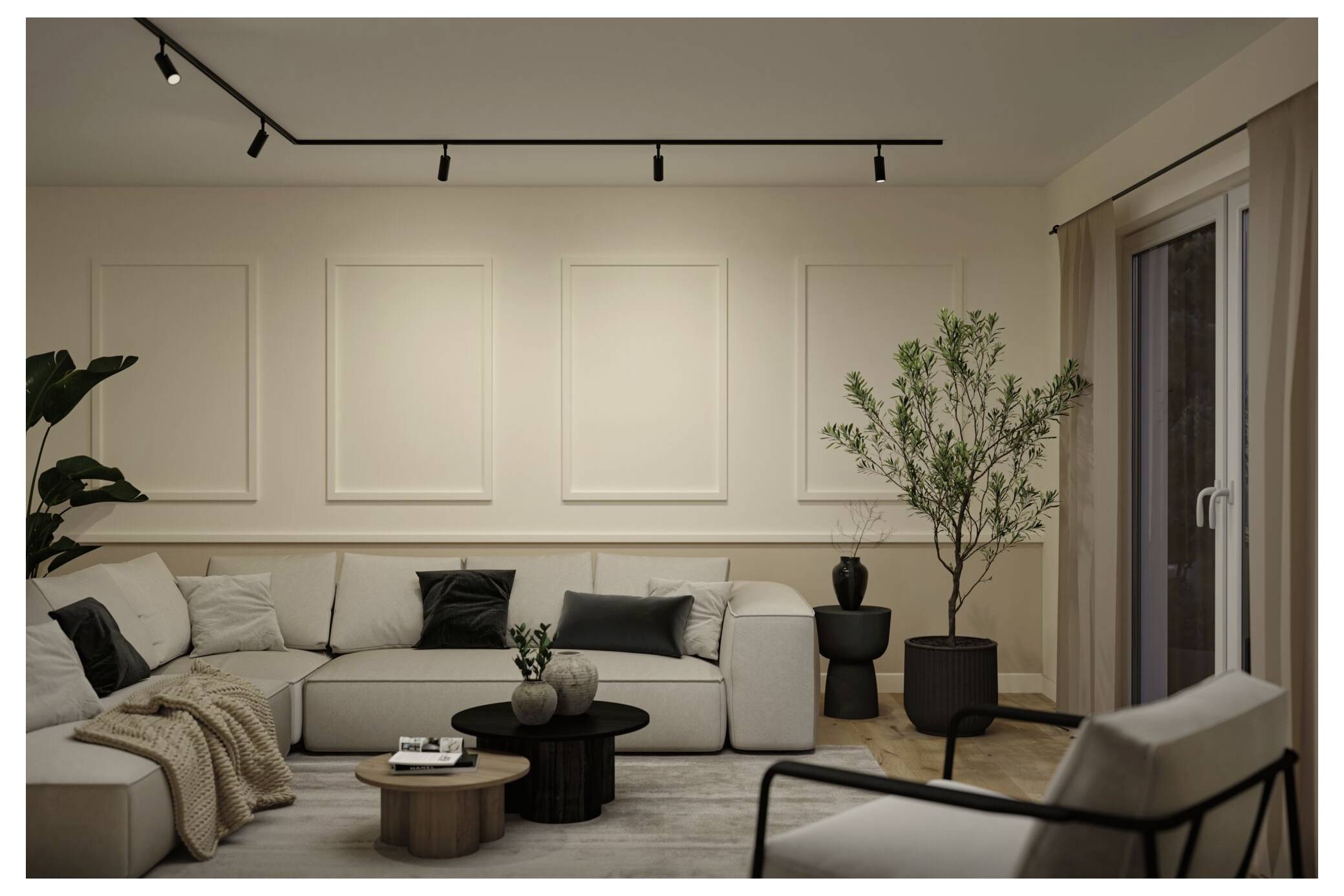 Modernes beiges Wohnzimmer mit Ecksofa, Couchtischen, Bodenpflanze, Wandpaneelen und Schienensystem-Beleuchtung, zu sehen neben einer Schiebetür aus Glas.