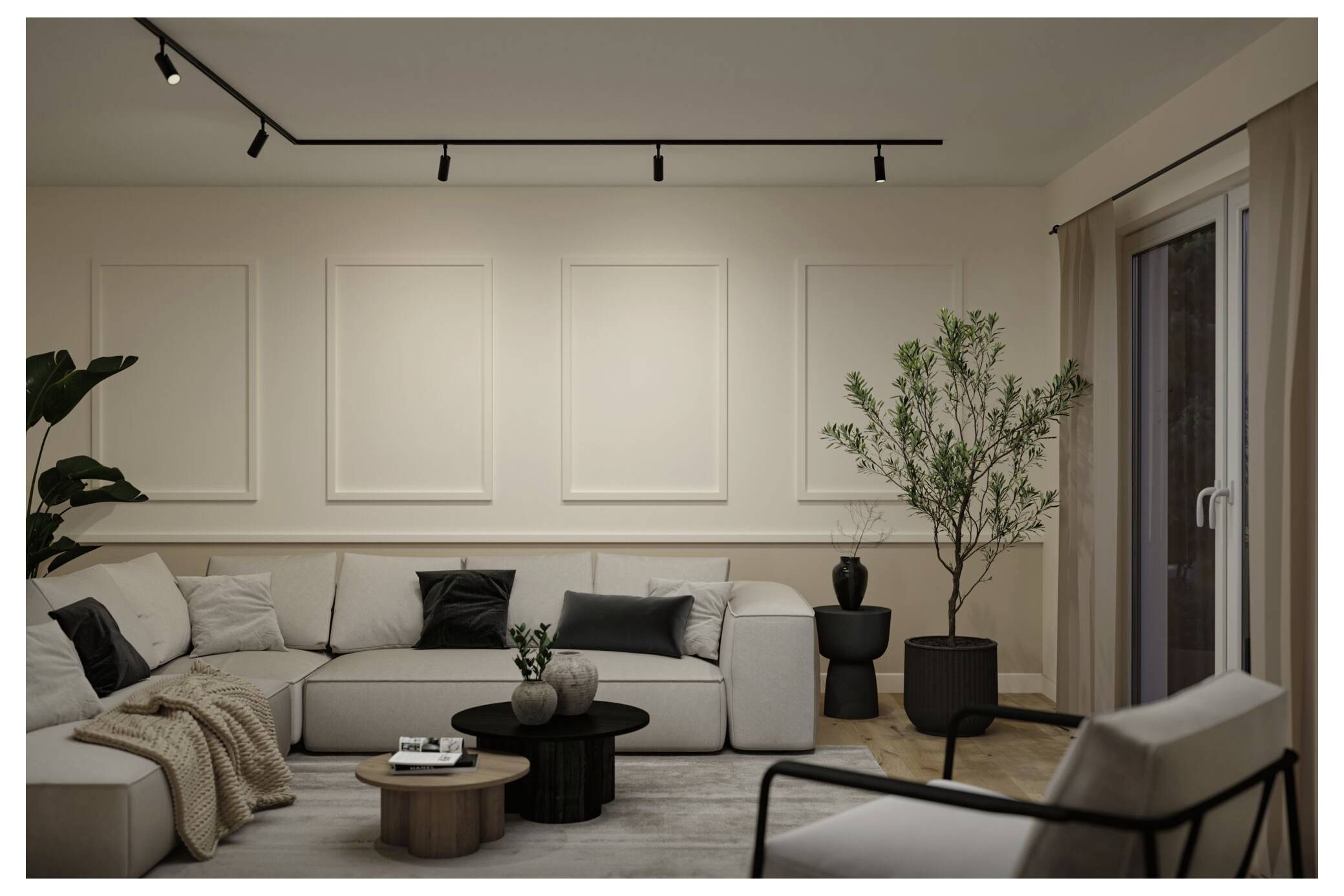 Modernes Wohnzimmer mit beigem Ecksofa, Couchtischen, Topfpflanze, Wandschienen-Beleuchtung und Glasschiebetür.