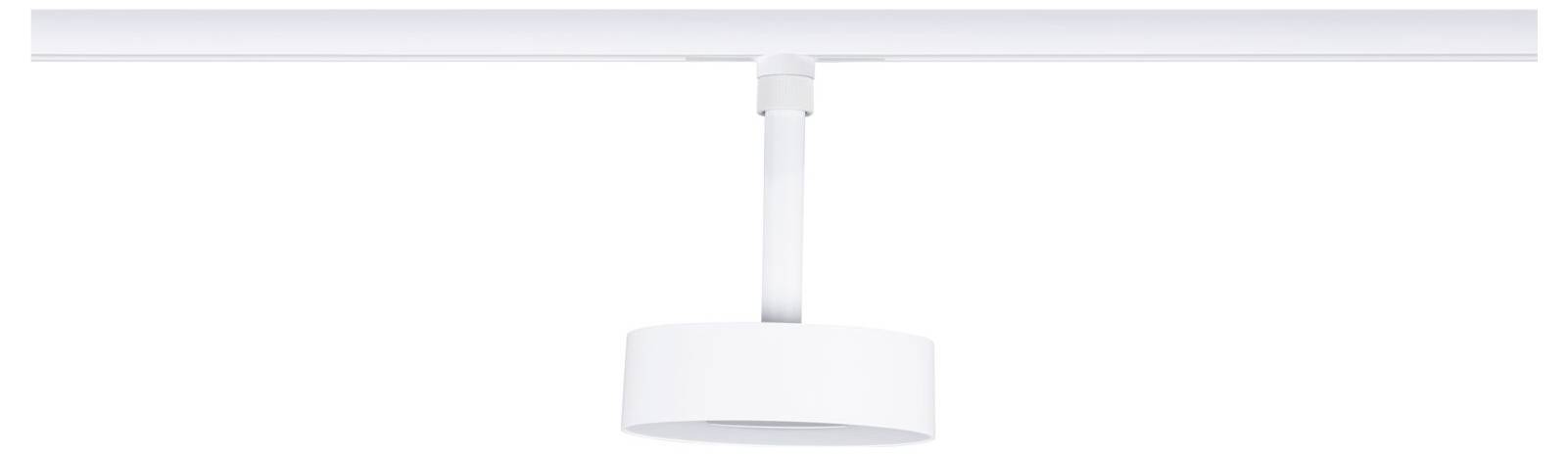 Weiße zylindrische Schienenleuchte, die auf einer Deckenschiene vor weißem Hintergrund montiert ist.