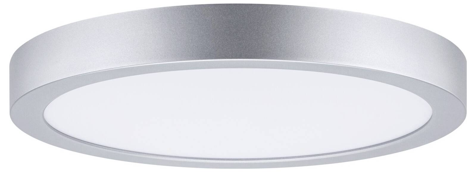 Runde silberfarbene Unterputz-Deckenleuchte mit weißem Diffusor, dargestellt vor einem schlichten weißen Hintergrund.