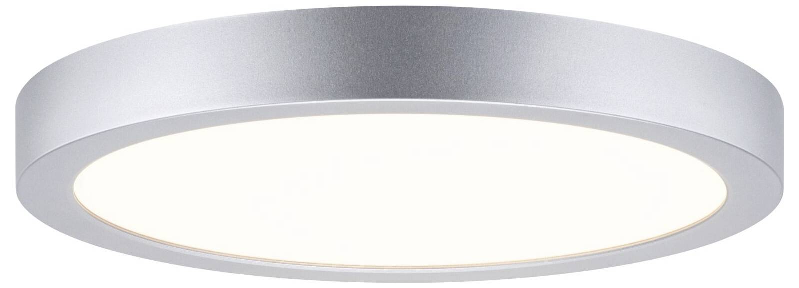 Runde, bündig in die Decke eingebaute Deckenleuchte mit silberner Blende und weißem mattiertem Diffusor.