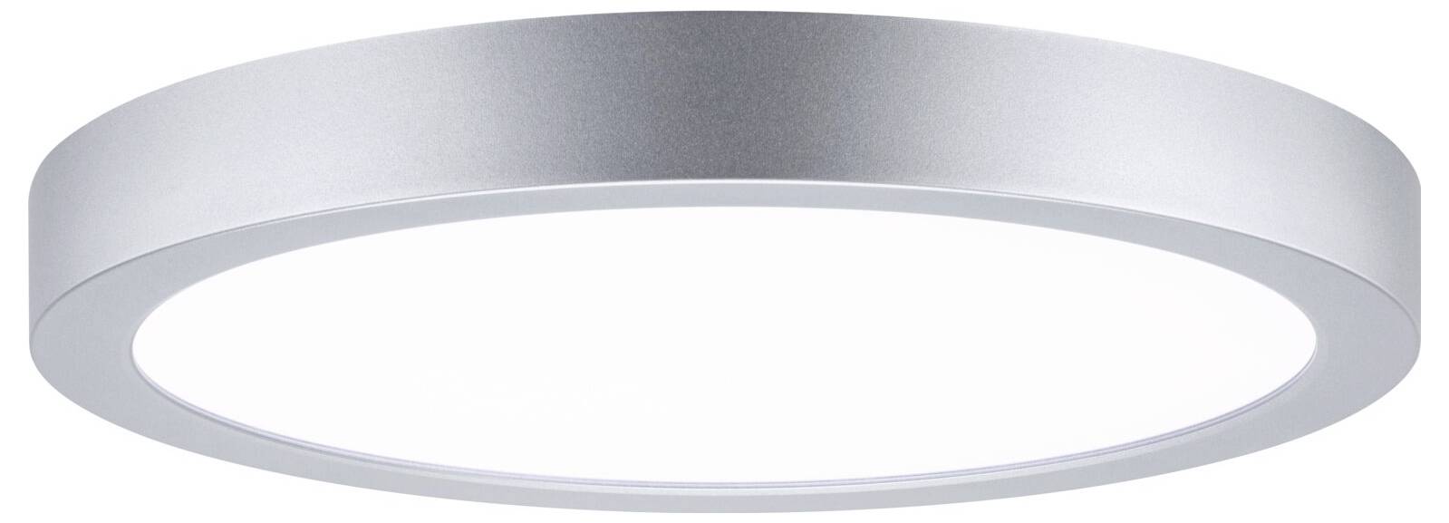 Runde silberne Deckenleuchte mit breitem weißem Diffusor, auf neutralem Hintergrund dargestellt.