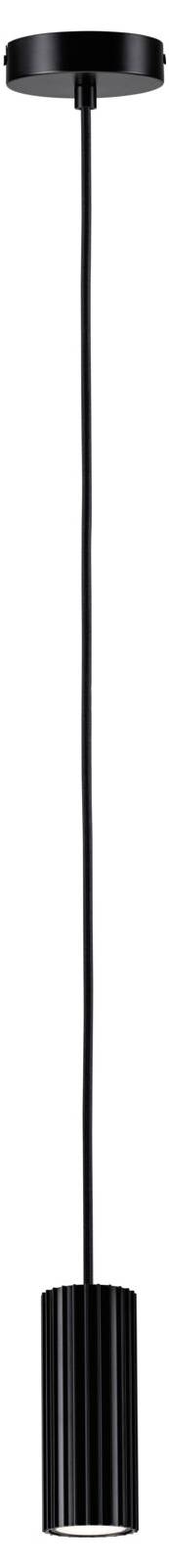 Schwarze zylindrische Pendelleuchte mit langem schmalem Kabel und geripptem Metallschirm, der vertikal vor weißem Hintergrund hängt.