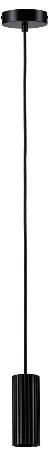 Schwarze zylindrische Pendelleuchte mit langem schwarzem Kabel und Deckenmontage auf weißem Hintergrund.