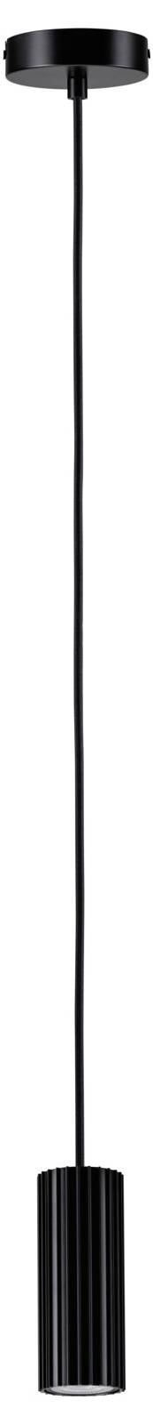 Schwarze zylindrische Pendelleuchte, die von einer schwarzen Deckenhalterung gegen einen weißen Hintergrund hängt.