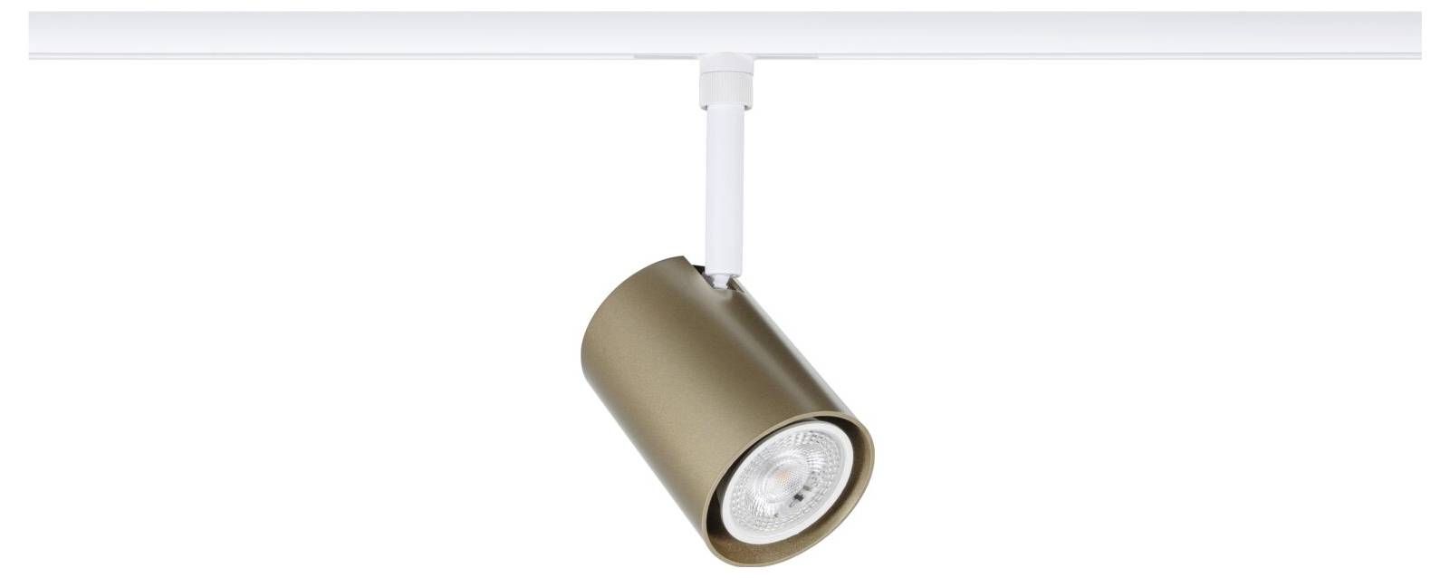 Goldener zylindrischer Scheinwerfer an weißer Deckenleiste hängend, nach unten geneigt auf weißem Hintergrund.