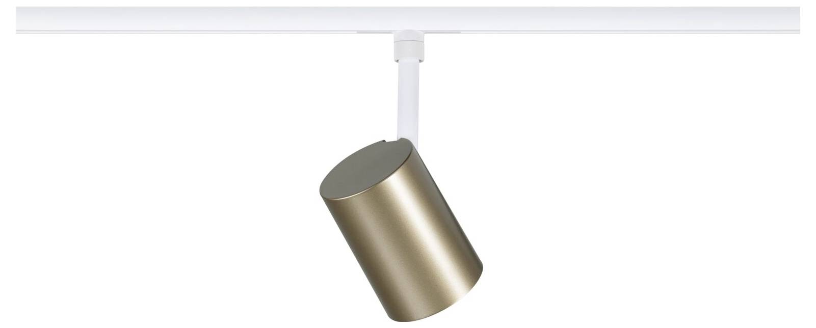 Ein einzelner zylindrischer Scheinwerfer, der an einer weißen Deckenleiste hängt und nach unten geneigt gegen einen einfachen weißen Hintergrund.