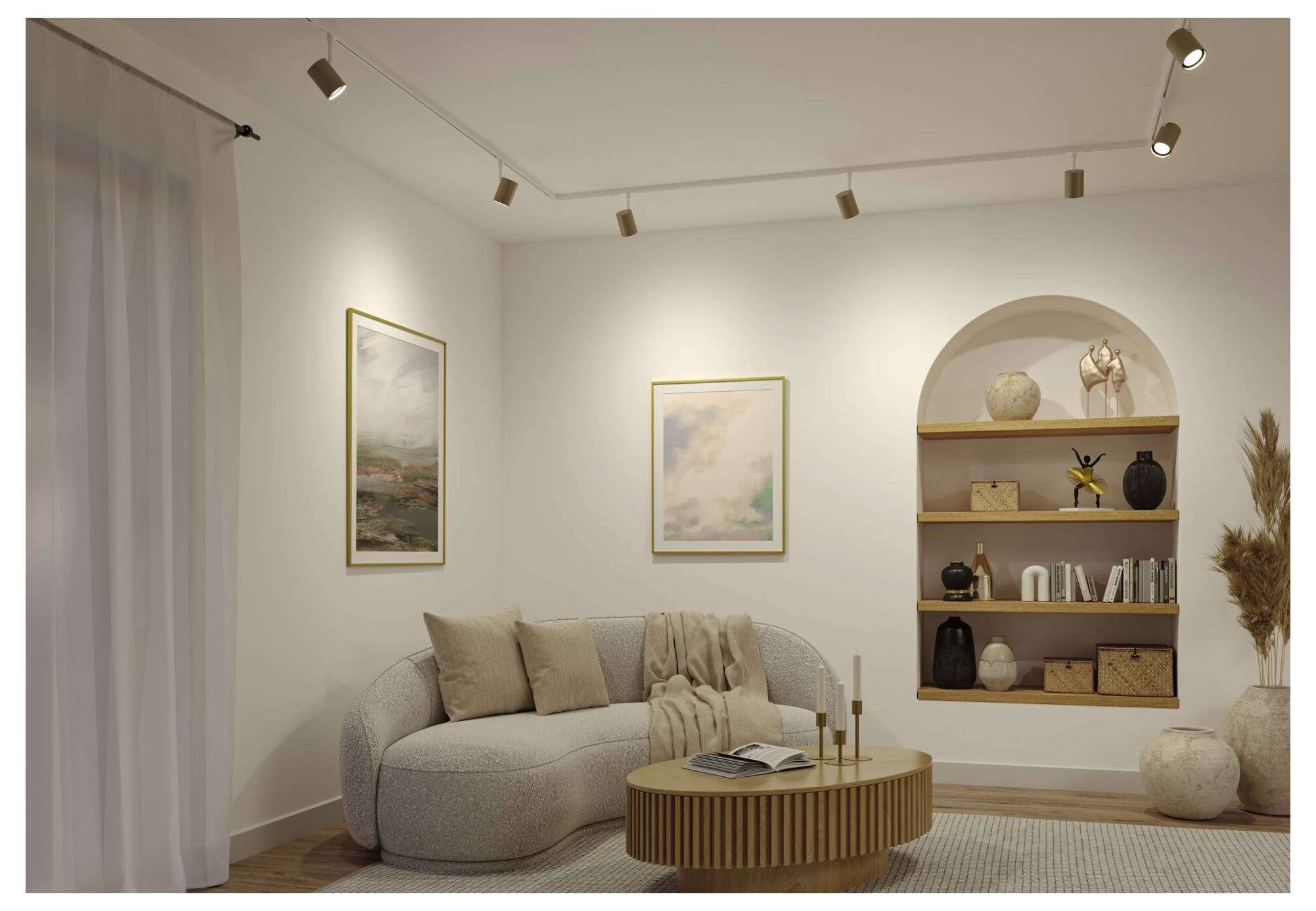 Modernes beiges Wohnzimmer mit geschwungener Couch, rundem Couchtisch, Wandkunst, eingebauten Regalen und Schienenbeleuchtung