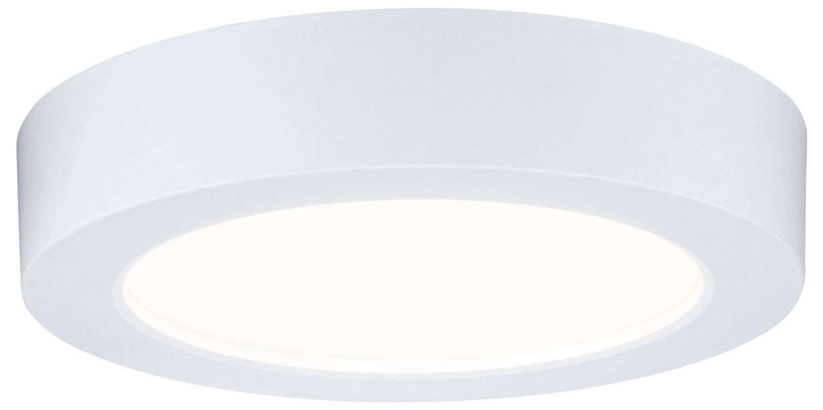 Rundes weißes Deckenleuchten-Gehäuse mit einem leuchtenden zentralen Panel, von unten abgebildet.