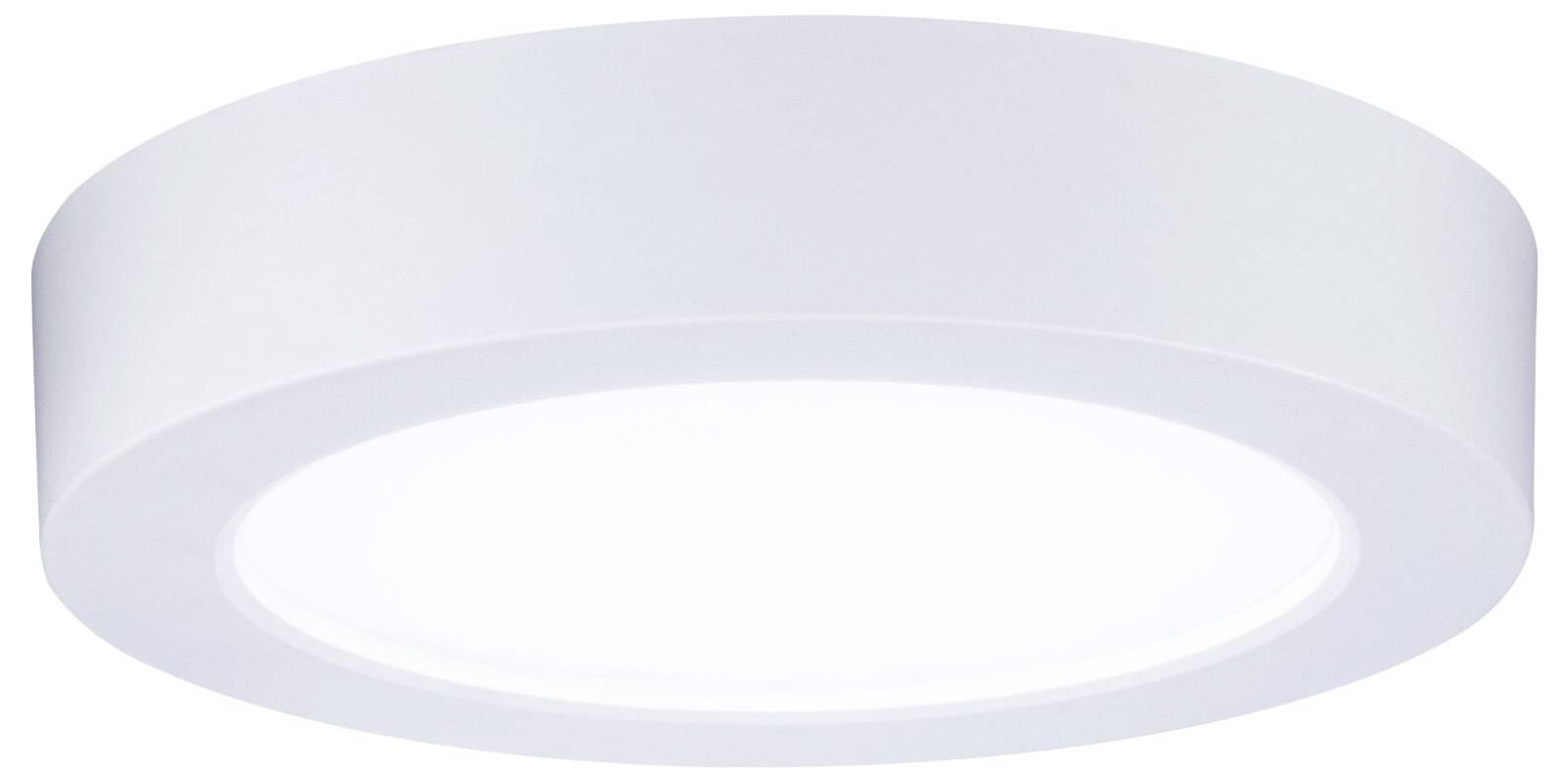 Ein weißes kreisförmiges, bündig in der Decke eingelassenes Leuchtengehäuse, von unten betrachtet.