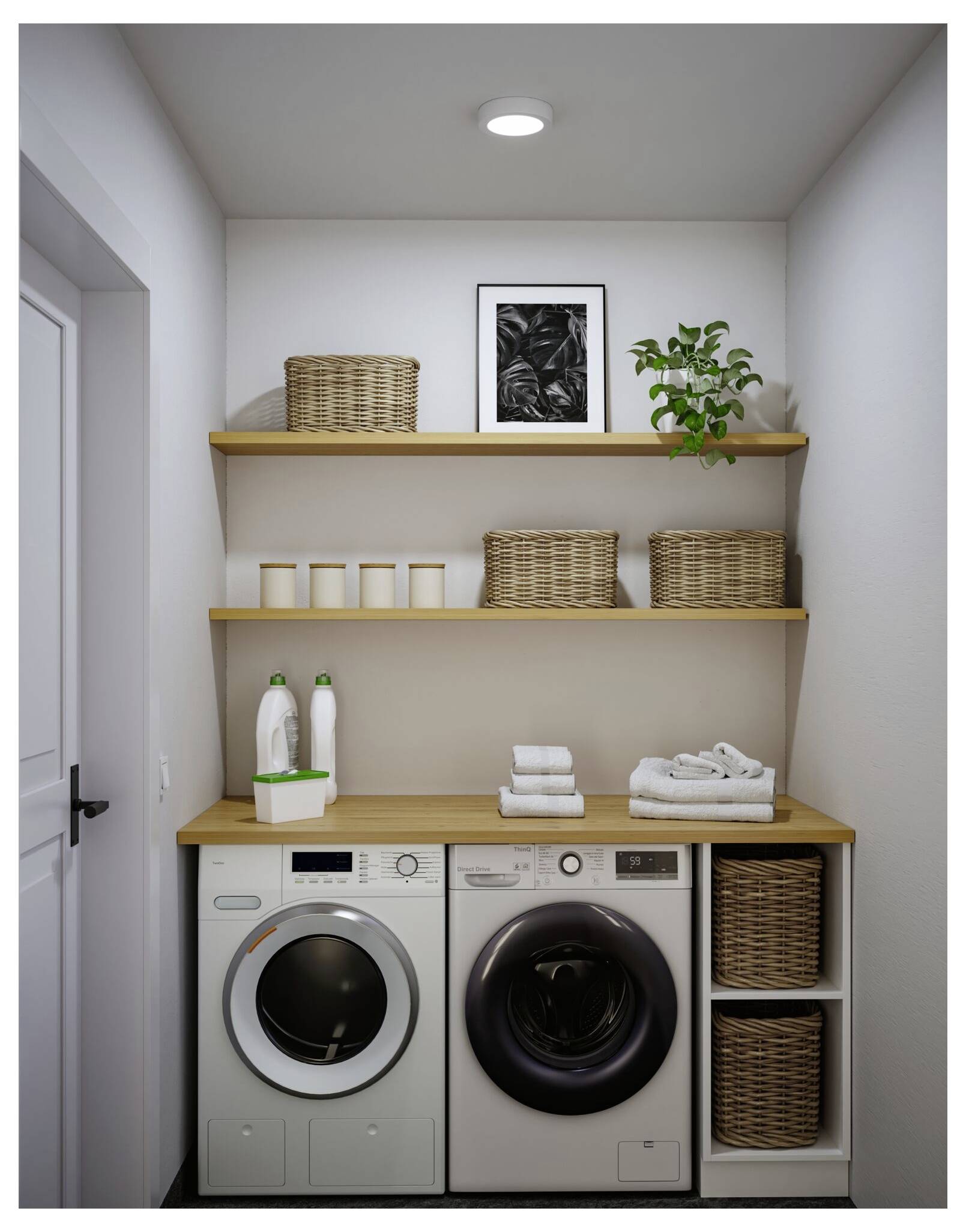 Wäscheecke mit gestapelten Holzregalen, Körben, Pflanzen, Handtüchern und einer Front-Waschmaschine und einem Trockner unter einer Arbeitsplatte.