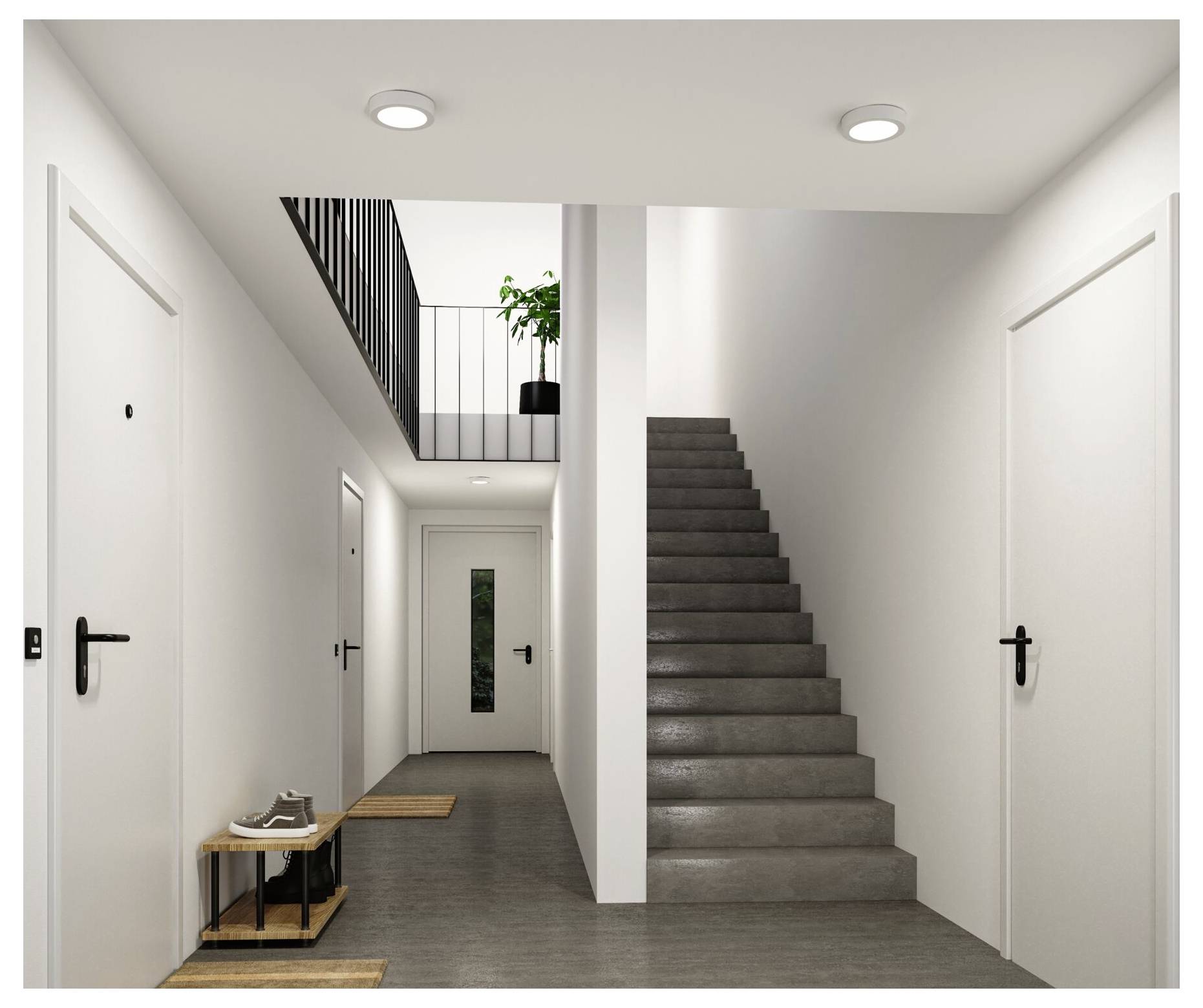 Moderner minimalistischer Flur mit grauem Boden, weißen Türen, Treppe und kleiner Bank am Eingang