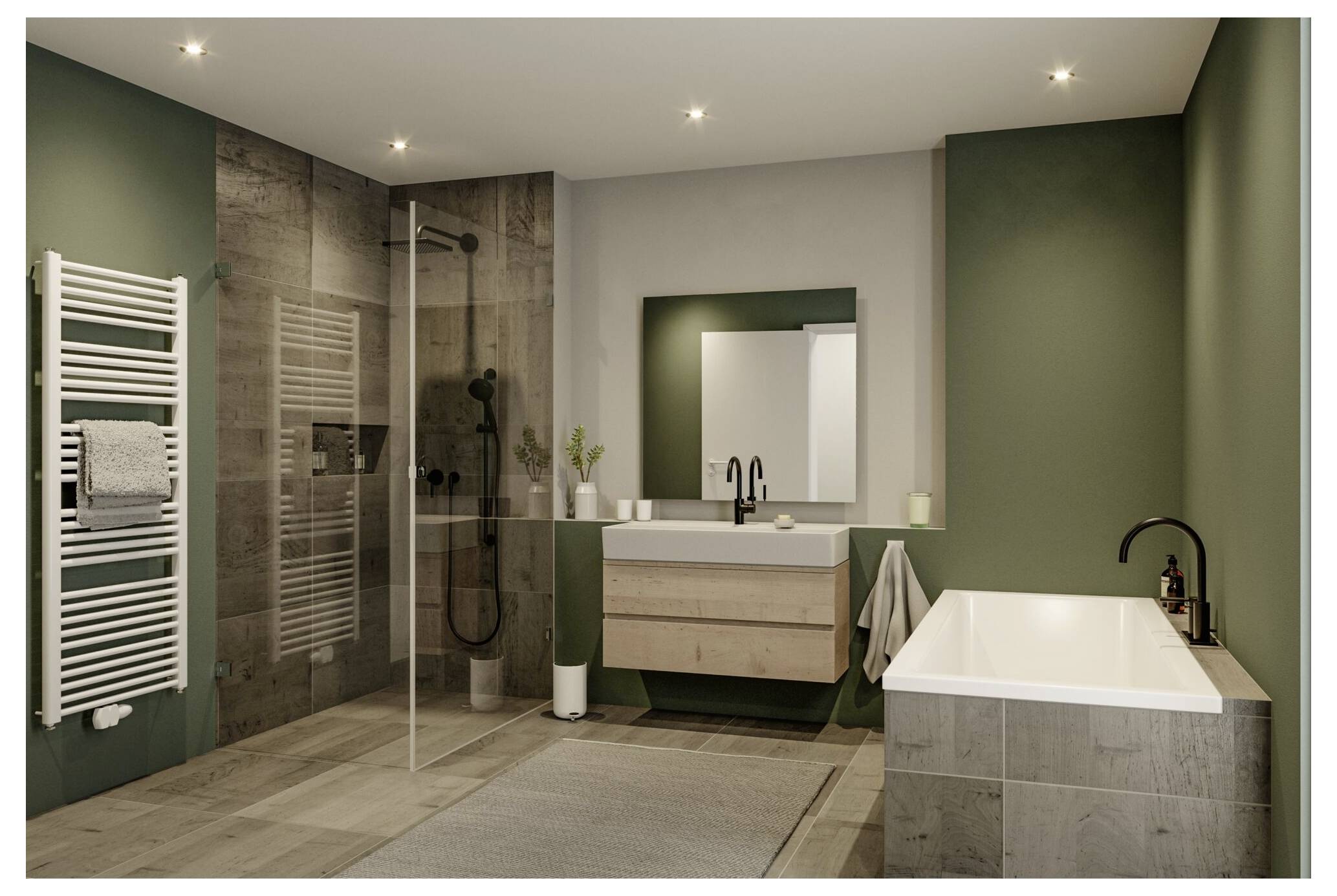 Modernes Badezimmer mit begehbarer Dusche, wandmontiertem Waschtisch, Spiegel, Handtuchwärmer und freistehender Badewanne in Grün- und Grautönen.
