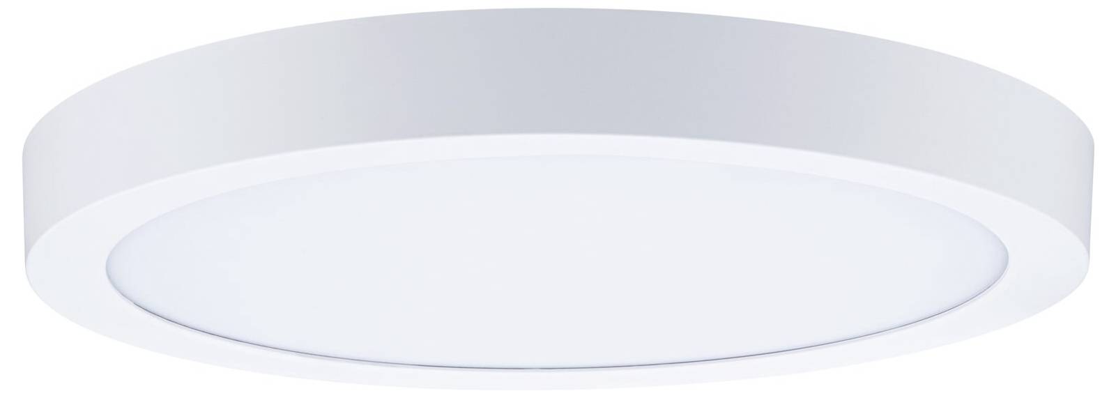 Runde weiße Deckenleuchte mit flachem kreisförmigem Diffusor und silbergrauem Außenring.