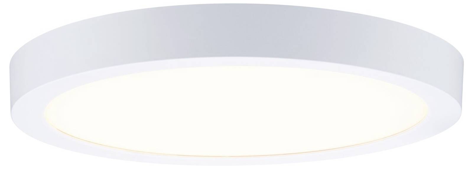 Eine moderne runde weiße Deckenleuchte mit einem sanft leuchtenden inneren Ring, vor einem schlichten Hintergrund dargestellt.