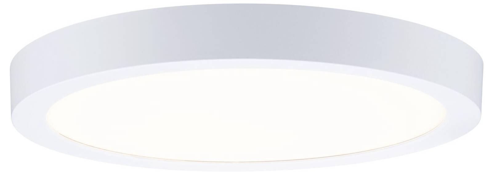 Eine runde weiße Deckenleuchte mit einem weichen grauen Außenrand, von unten gezeigt.