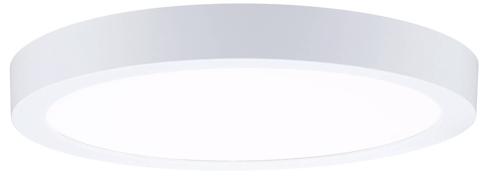 Runde weiße Deckenleuchte mit silbergrauem Rand und leuchtender Mitte auf einfachem Hintergrund