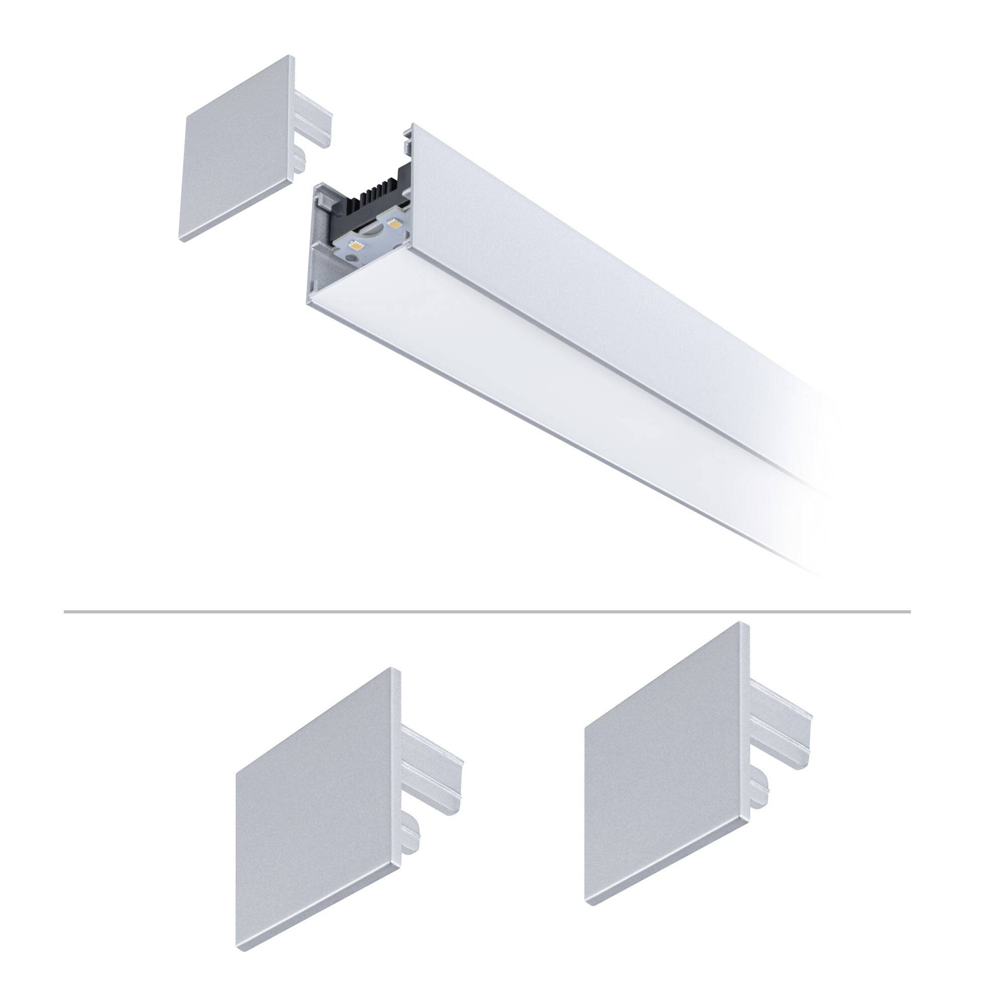 Explosionszeichnung einer langen rechteckigen Leuchte mit abnehmbaren Endkappen, die zwei Endkappen-Optionen darunter zeigt.
