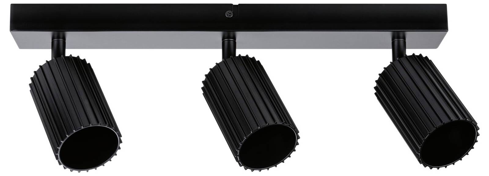 Schwarzte dreiköpfige Schienensystem-Leuchte mit verstellbaren zylindrischen Spotlichtlampen, die auf einer Deckenleiste montiert sind.