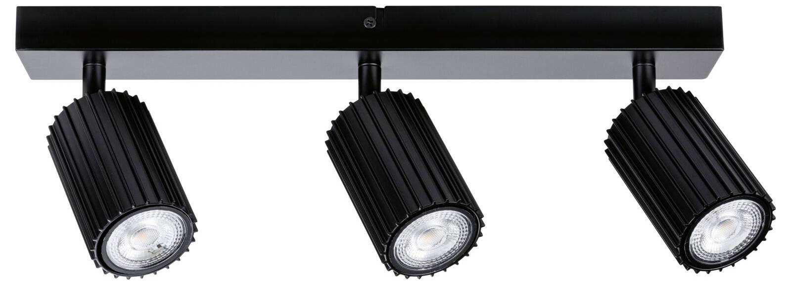 Schwarze Deckenleuchte mit drei verstellbaren Strahlern, montiert auf einer rechteckigen Schiene.