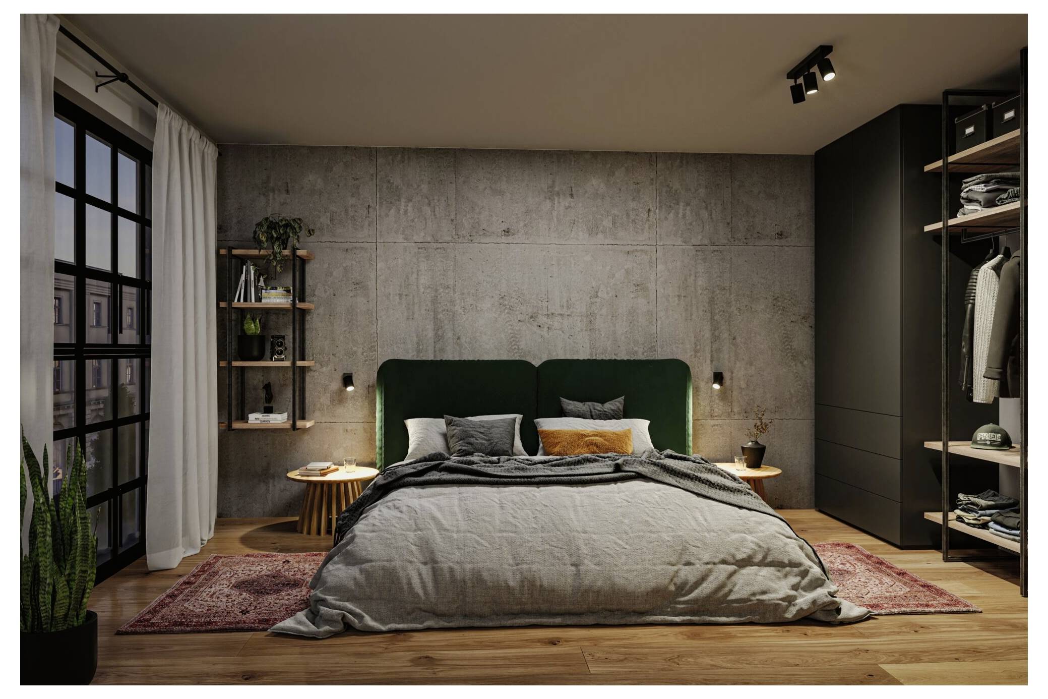 Modernes Schlafzimmer mit einem Bett in der Mitte gegen eine Betonwand, flankiert von Regalen, Vorhängen und einem dunklen Kleiderschrank bei warmer Beleuchtung.