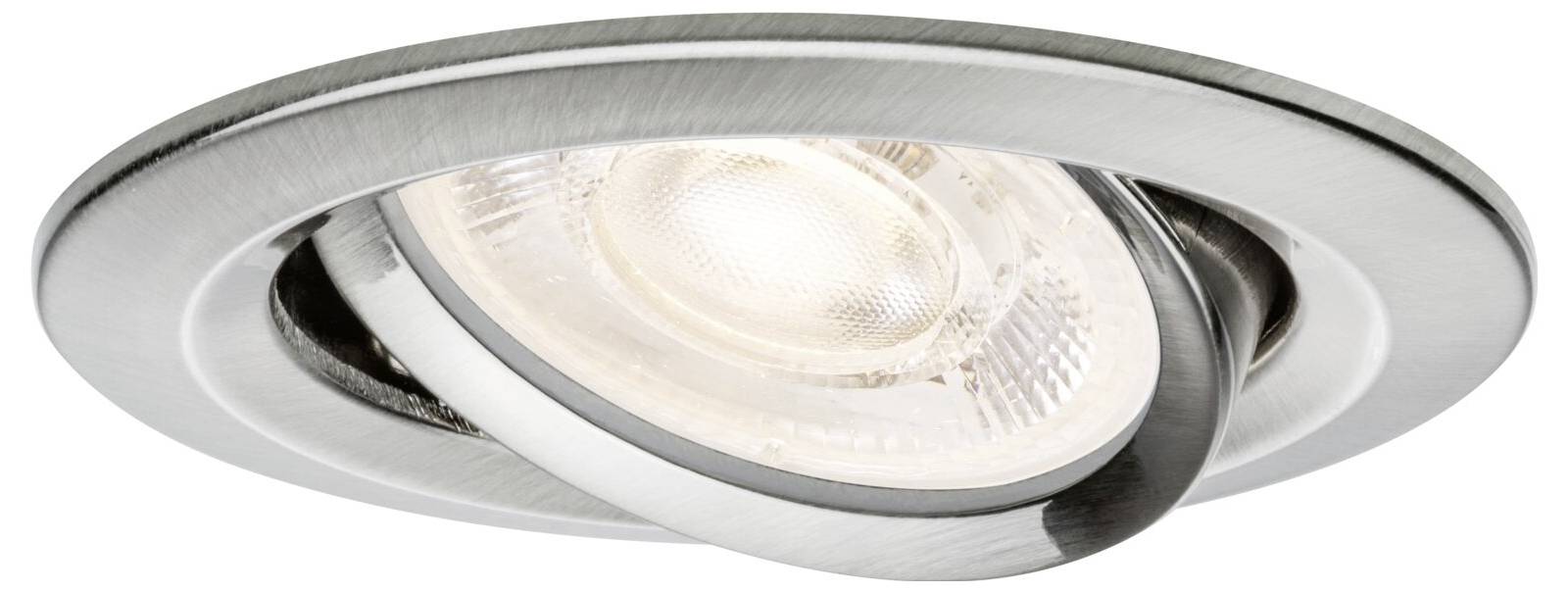 Nahaufnahme einer eingebauten Deckenleuchte mit silbernem Rundrahmen und verstellbarer innerer Leuchte.