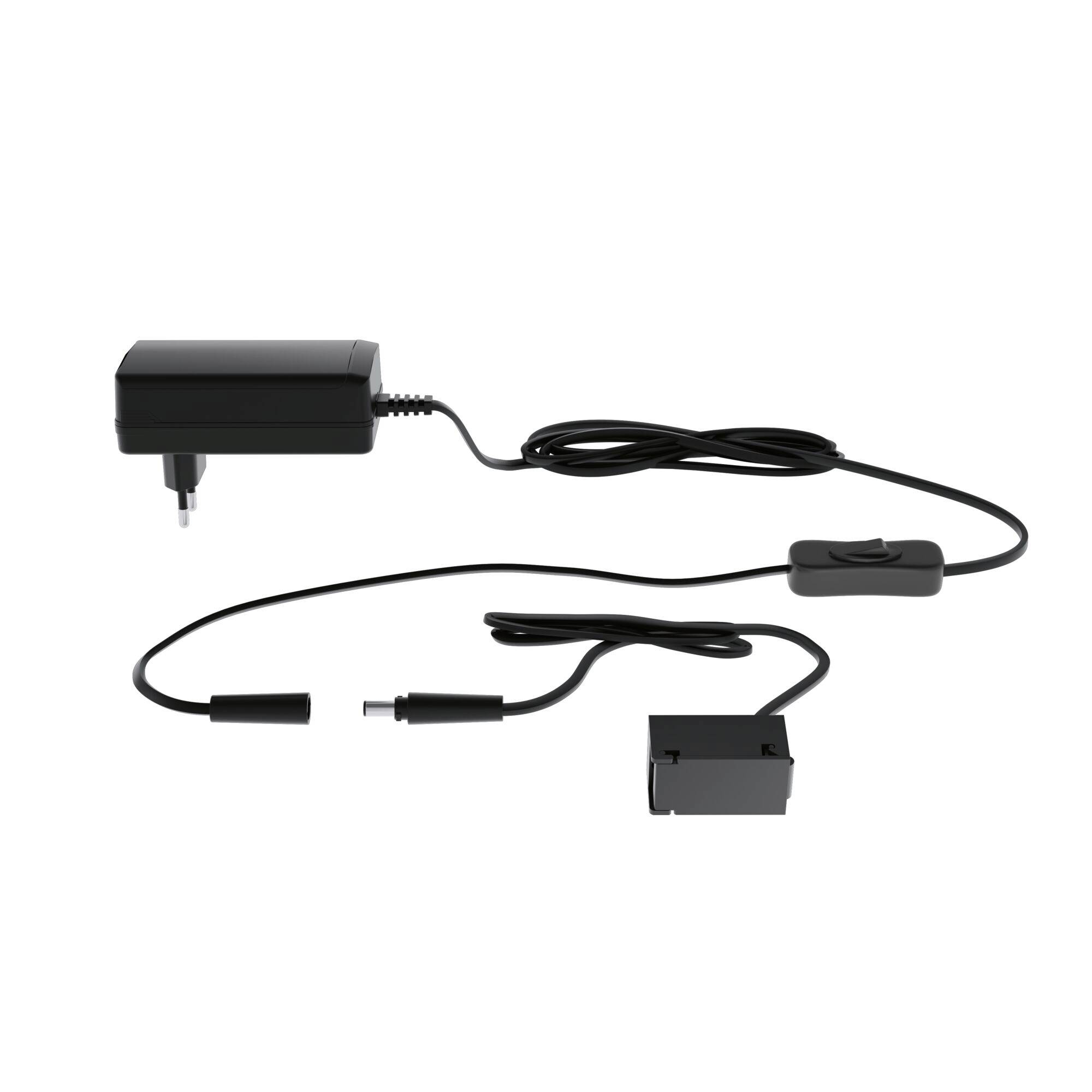 Schwarzer Wechselstromadapter mit Kabel, Inline-Schalter, Barrel-Stecker und Akku auf weißem Hintergrund.