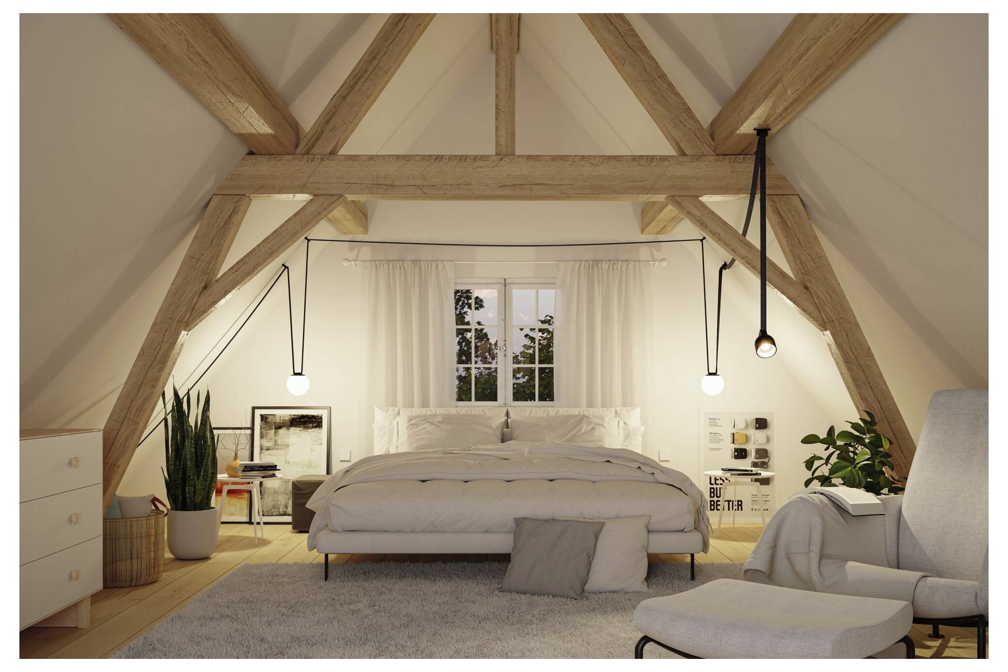 Gemütliches Dachzimmer mit freigelegten Holzbalken, zentralem Bett, hängenden Leuchten, Pflanzen und Sitzmöbeln in hellem, neutralem Interieur.