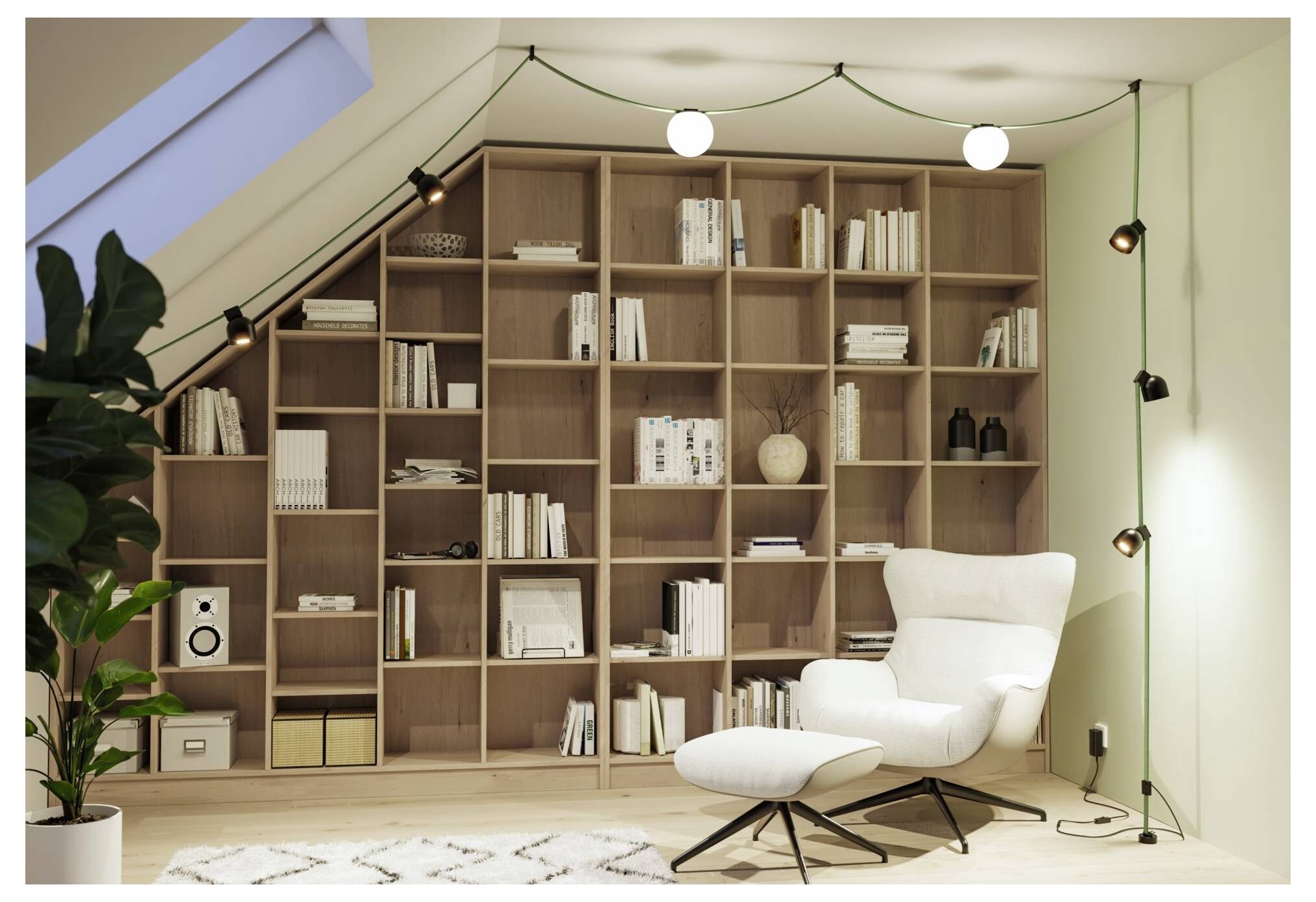 Moderne Leseecke mit großem Holzbücherregal, weißem Loungesessel und Fußstütze, Hängelampen und einer Topfpflanze in einem gemütlichen Zimmer.