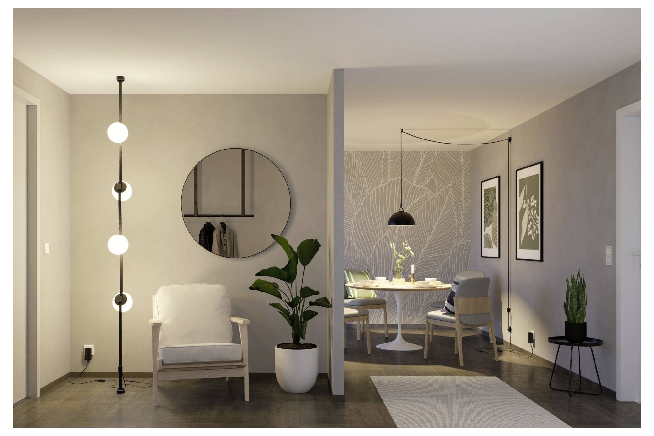 Modernes offenes Wohn- und Esszimmer mit beigen Wänden, Stehleuchte, Stuhl, Pflanze, rundem Spiegel und einem kleinen Essbereich im Hintergrund.