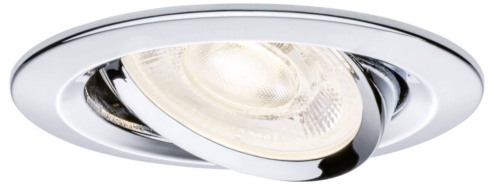Runder verchromter Einbau-Deckenspot mit leuchtender mattierter Glühbirne.