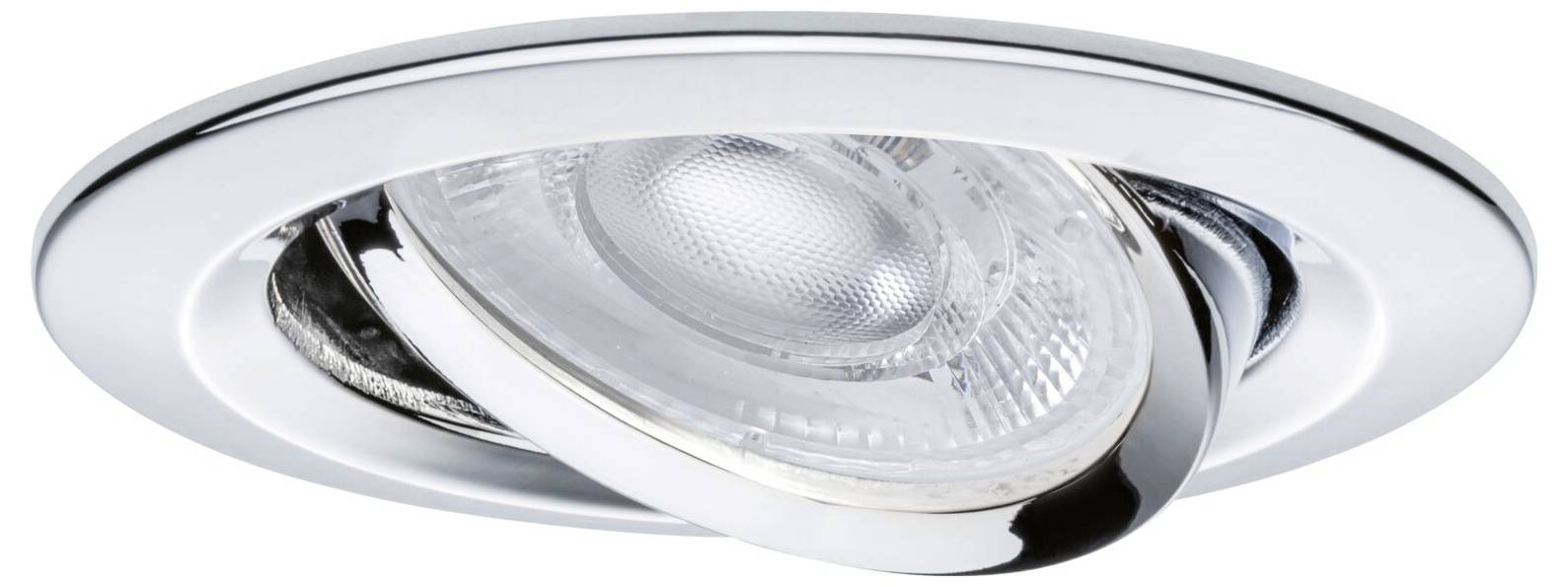 Versenkte Deckenleuchte in Chrome mit kippbarem einstellbarem Leuchtmittel und reflektierendem Rand.