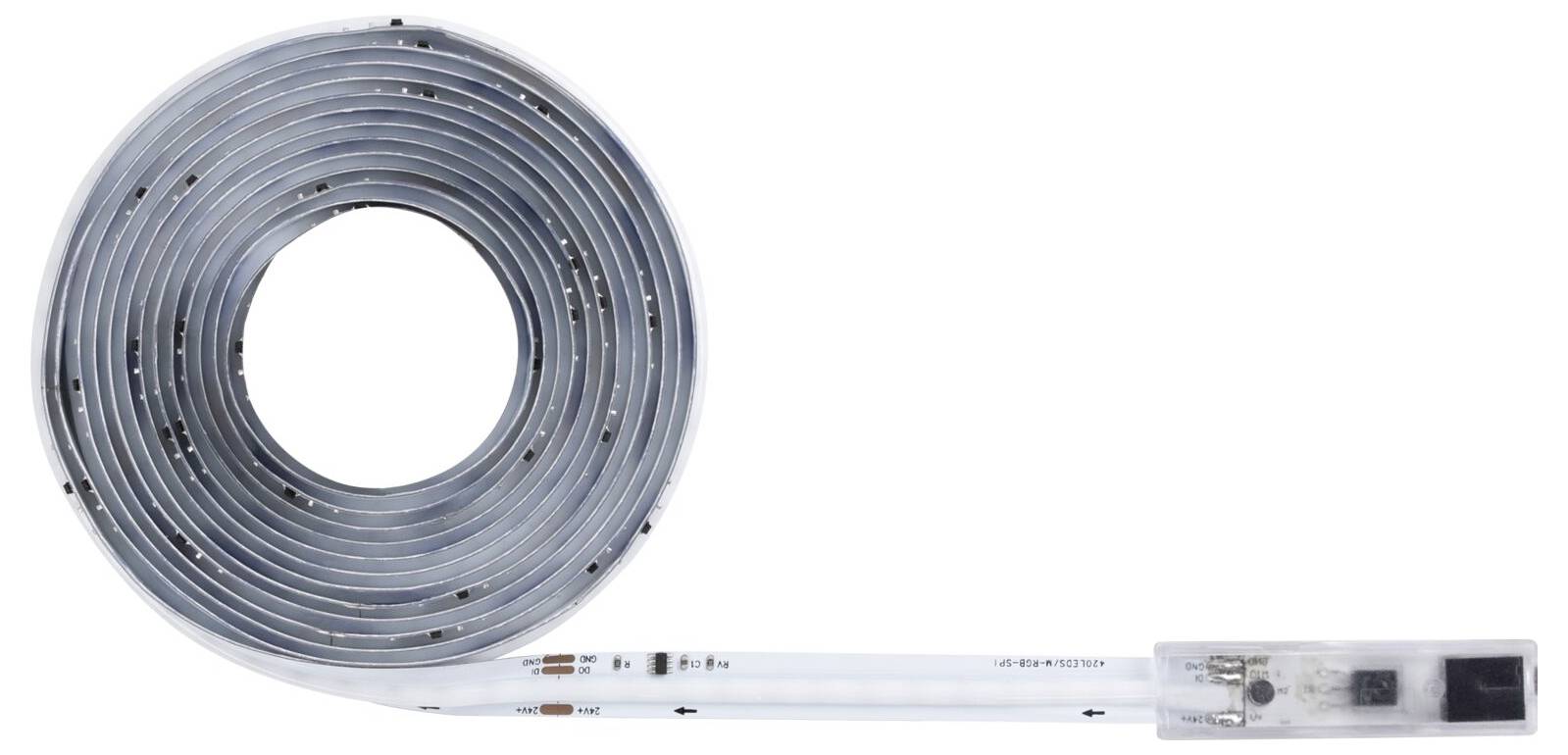 Aufgerolltes graues flexibles Kabel oder Schlauch mit angebrachtem weißem Kabel und transparentem Steckmodul auf weißem Hintergrund.