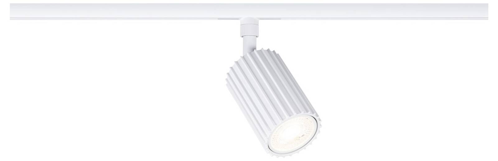 Ein weiß installierter Deckenschienenstrahler mit verstellbarem zylindrischem Spotlight, das nach unten ausgerichtet ist.