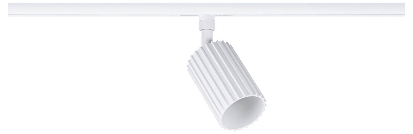 Weißer an der Decke montierter Strahler mit Schiene, zylindrischer Schirm mit Rippen, nach unten geneigt, auf einer horizontalen Schiene.