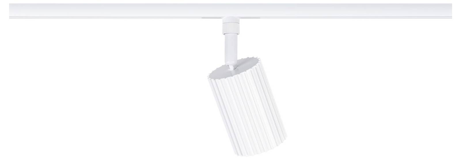 Weißer zylindrischer Scheinwerfer auf einer Deckenleiste montiert, nach unten geneigt vor einem einfachen weißen Hintergrund.