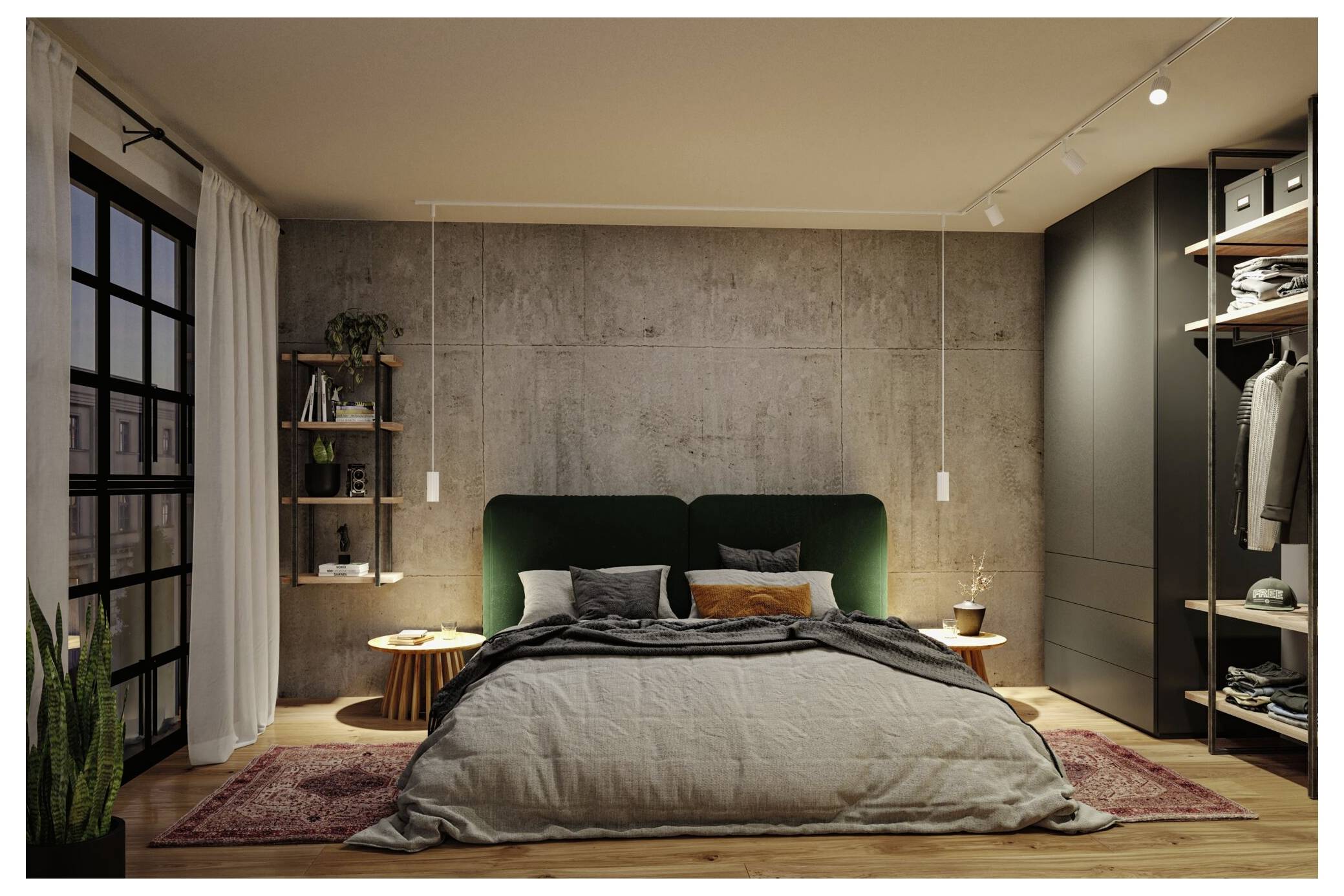 Modernes Schlafzimmer mit einem dunkelgrün gepolstertem Bett, Betonwand, eingebautem Kleiderschrank und warmer Nachttischbeleuchtung in einem minimalistischen Interieur.