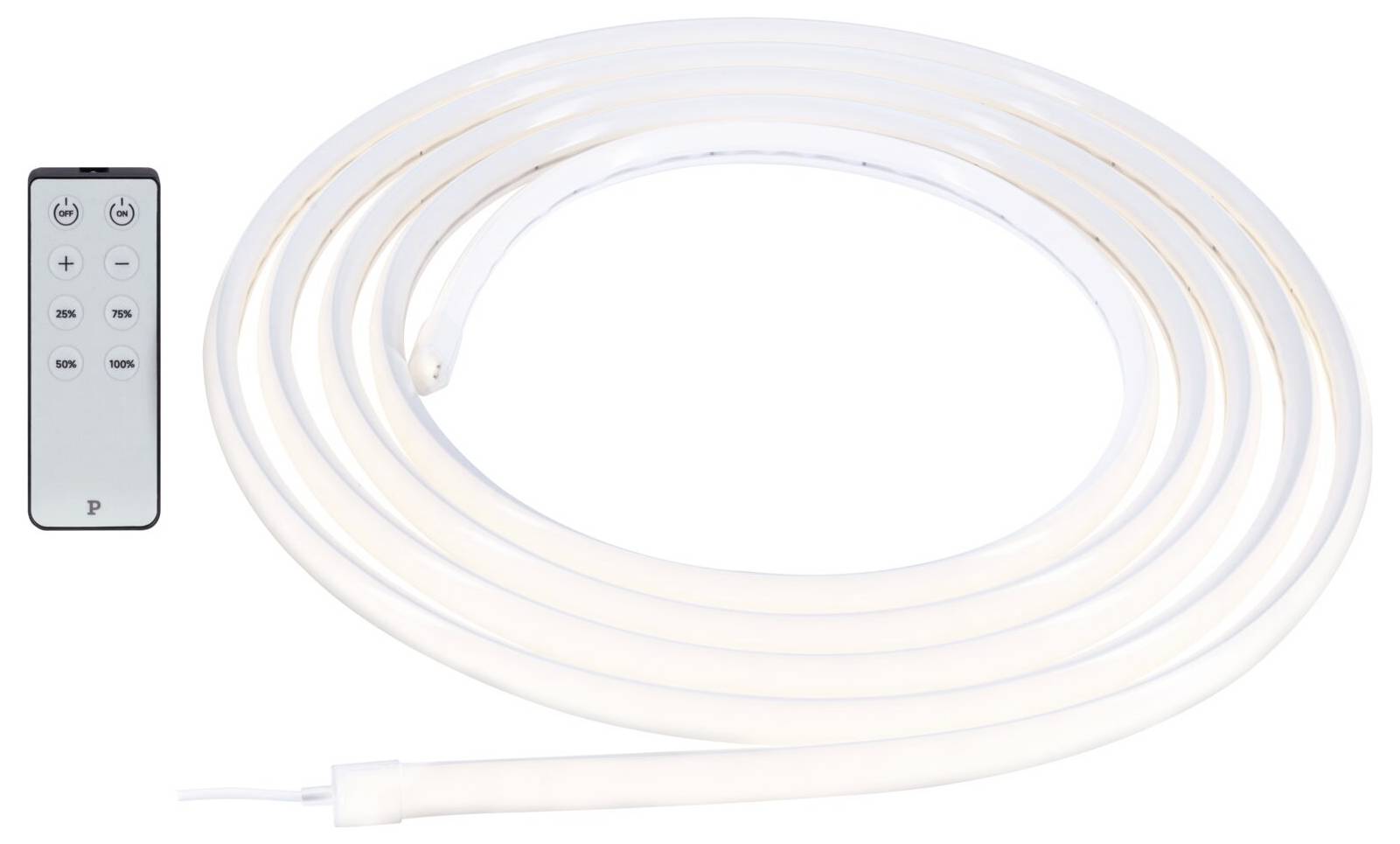 LED-Lichtschlauch-Rolle mit kleiner Fernbedienung zur Anpassung der Stromversorgung und Helligkeit.
